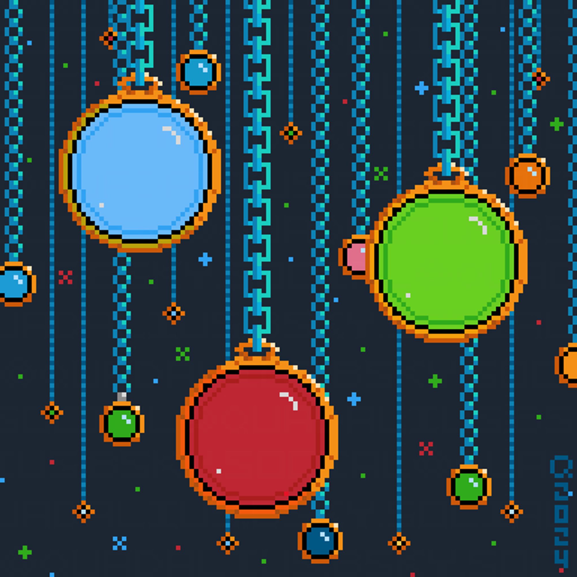 A pixel image. 

Depicted within is a multitude of identical circular golden artefacts, each of which is inlaid with a large semi-spherical gem in a cabochon cut, and suspended from an unseen ceiling by a chain (somewhat reminiscent of oxidized bronze in colour).

Each gem has a single colour of its own, though many are in hues of blues, reds, and greens. Light seems to filter through them from somewhere higher up.

There are many such suspended artifacts, and their numbers stretch far into the background, at various heights. The furthest are only visible by the glow of their crystals; their chains and golden vessels cannot be seen.

One may imagine, that staring up at the ceiling of whichever cavern these artifacts are suspended from, would be like seeing a glittering night sky.

Q uses these crystals (and their artifacts) in various ways, as conduits for magical energies, storage of latent elements, or even good old-fashioned jewellery.

The ones seen here are likely meant for rings.