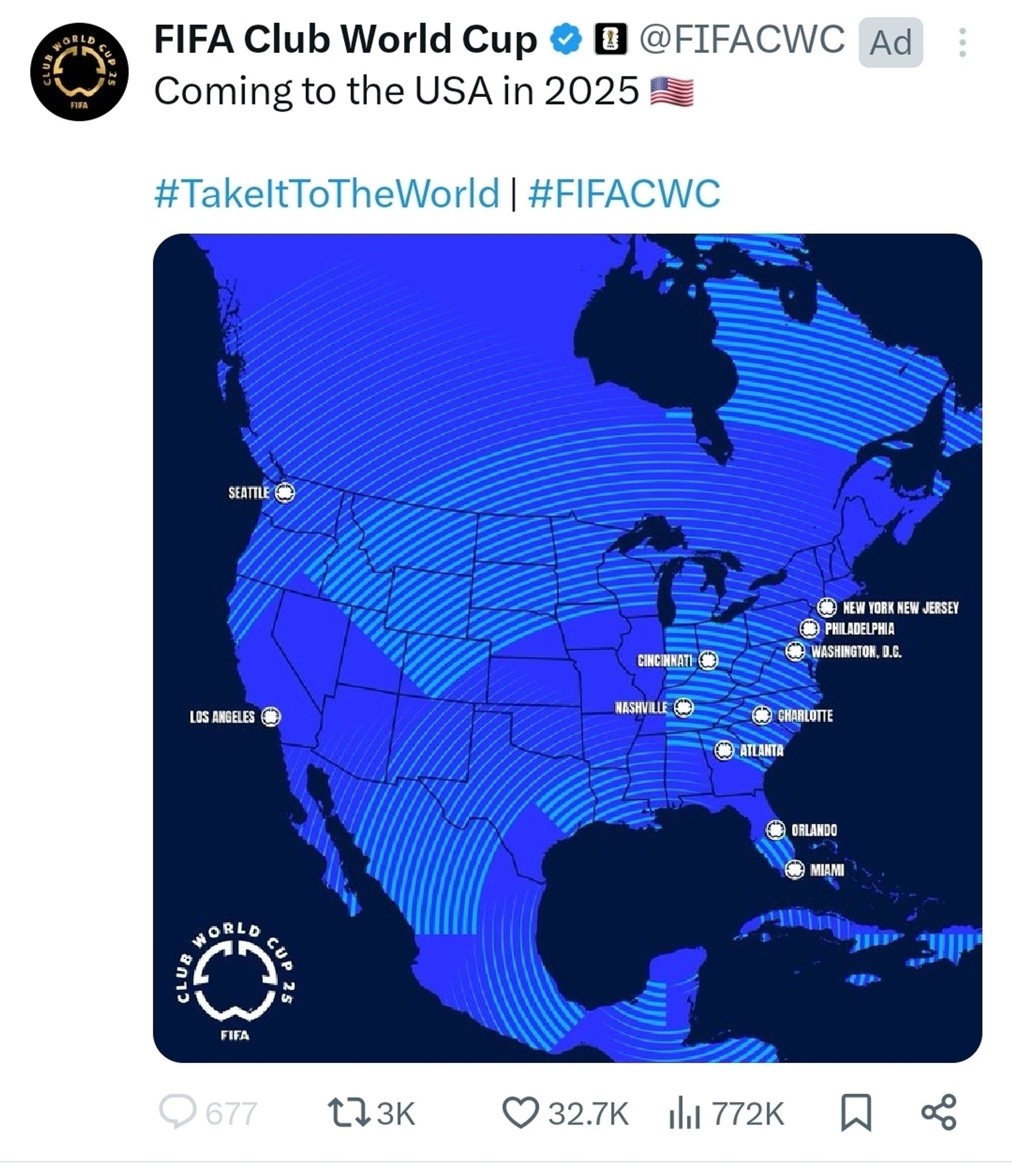 FIFA post showing a map of North America with concentric circles centred on Yucutan