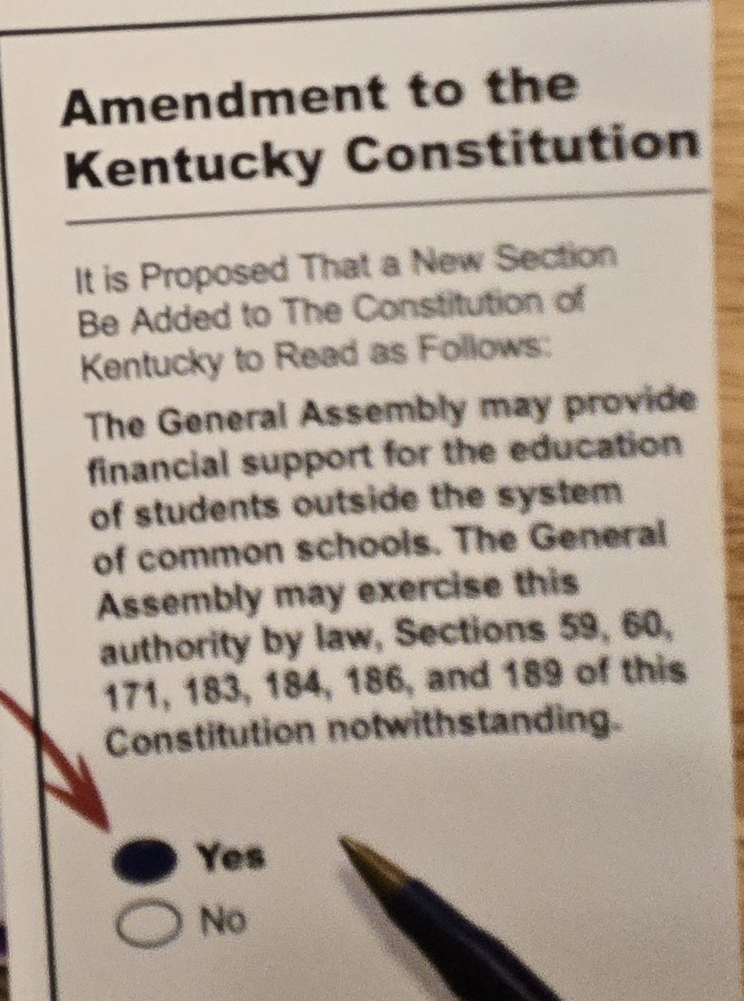 All text in this image of the first side of the second sheet in the previous picture
**
Amendment to the
Kentucky Constitution
It is Proposed That a New Section
Be Added to The Constitution of
Kentucky to Read as Follows:
The General Assembly may provide
financial support for the education
of students outside the system
of common schools. The General Assembly may exercise this
authority by law, Sections 59, 60,
171, 183, 184, 186, and 189 of this
Constitution notwithstanding.
{circle filled in black}Yes
{circle not filled in}No
**
There is also an image of a pen, and someone should check but I don't remember the text being this on my ballot... 🤔