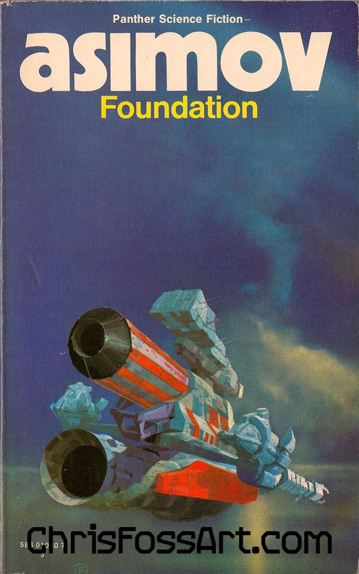 Cover art of a sylized spaceship over an ocean with a cloud bank in the distance by Chris Foss for Foundation by Isaac Asimov