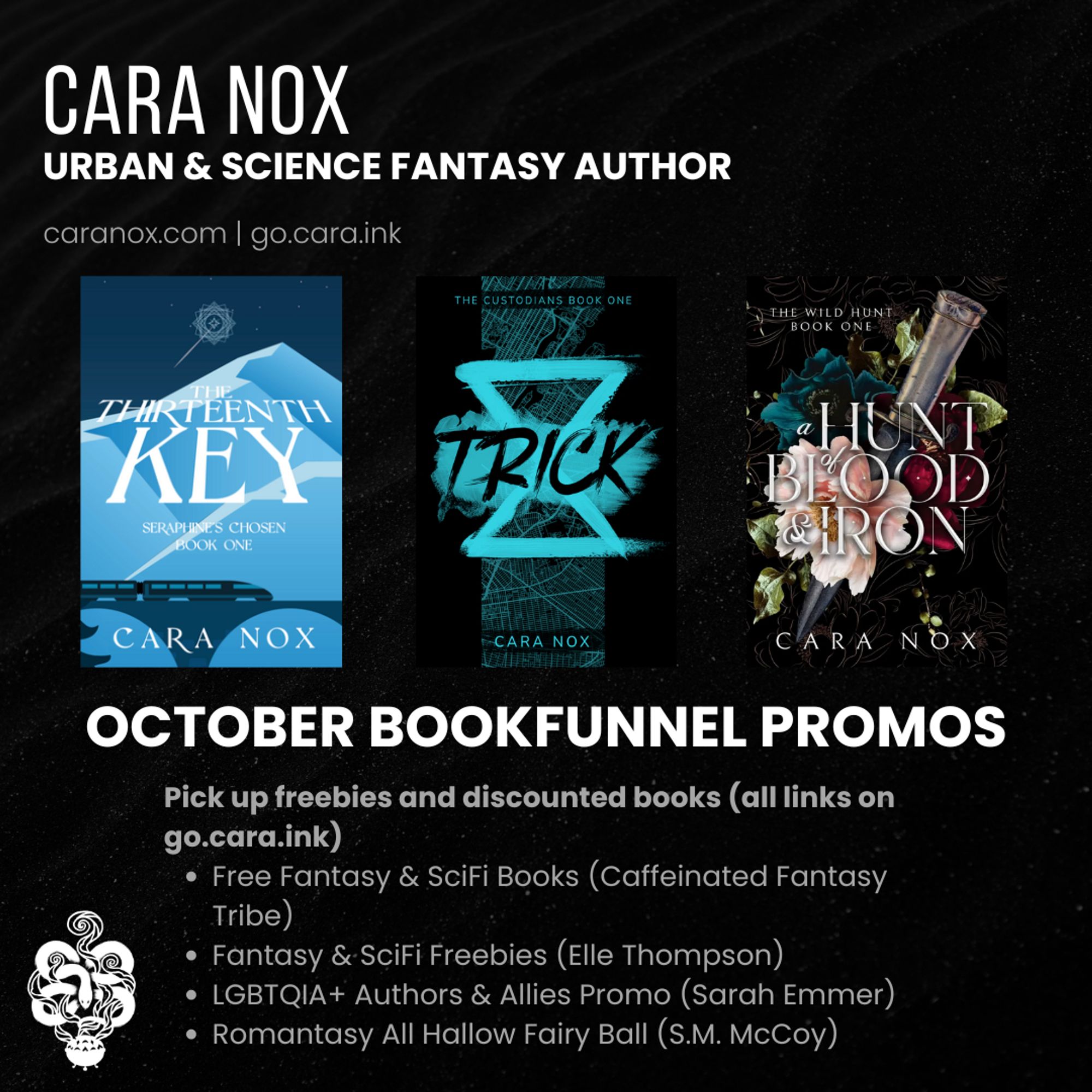 Graphic features urban and science fantasy author Cara Nox. Text reads: October Bookfunnel Promos. Pick up freebies and discounted books (all links on go.cara.ink).