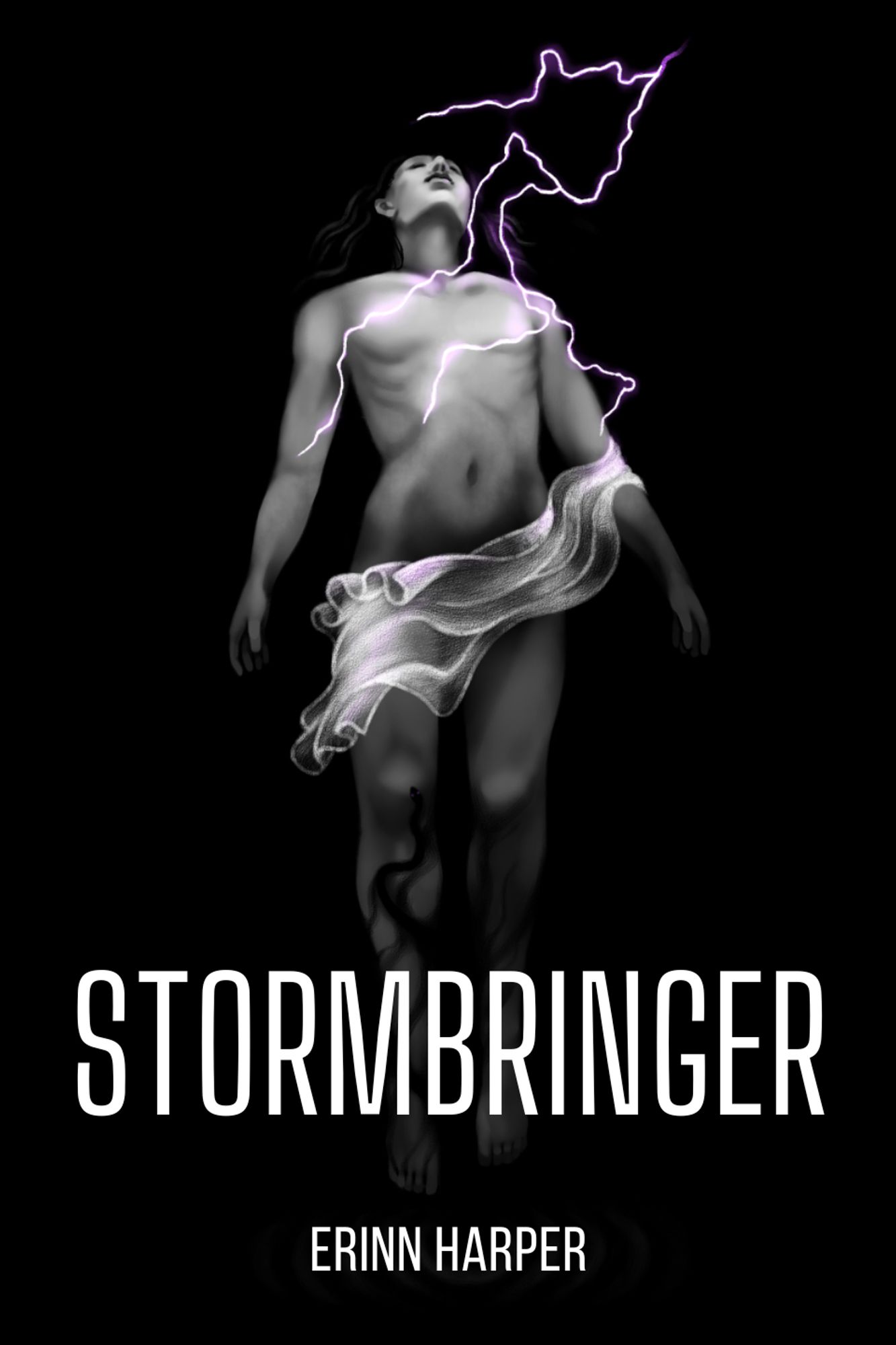 Illustrated cover of Erinn Harper's novel STORMBRINGER. At the center is the grayscale figure of the main character, Nikkeah, undressed save for a modest covering around his waist. A bolt of violet lightning propagates down over his body.