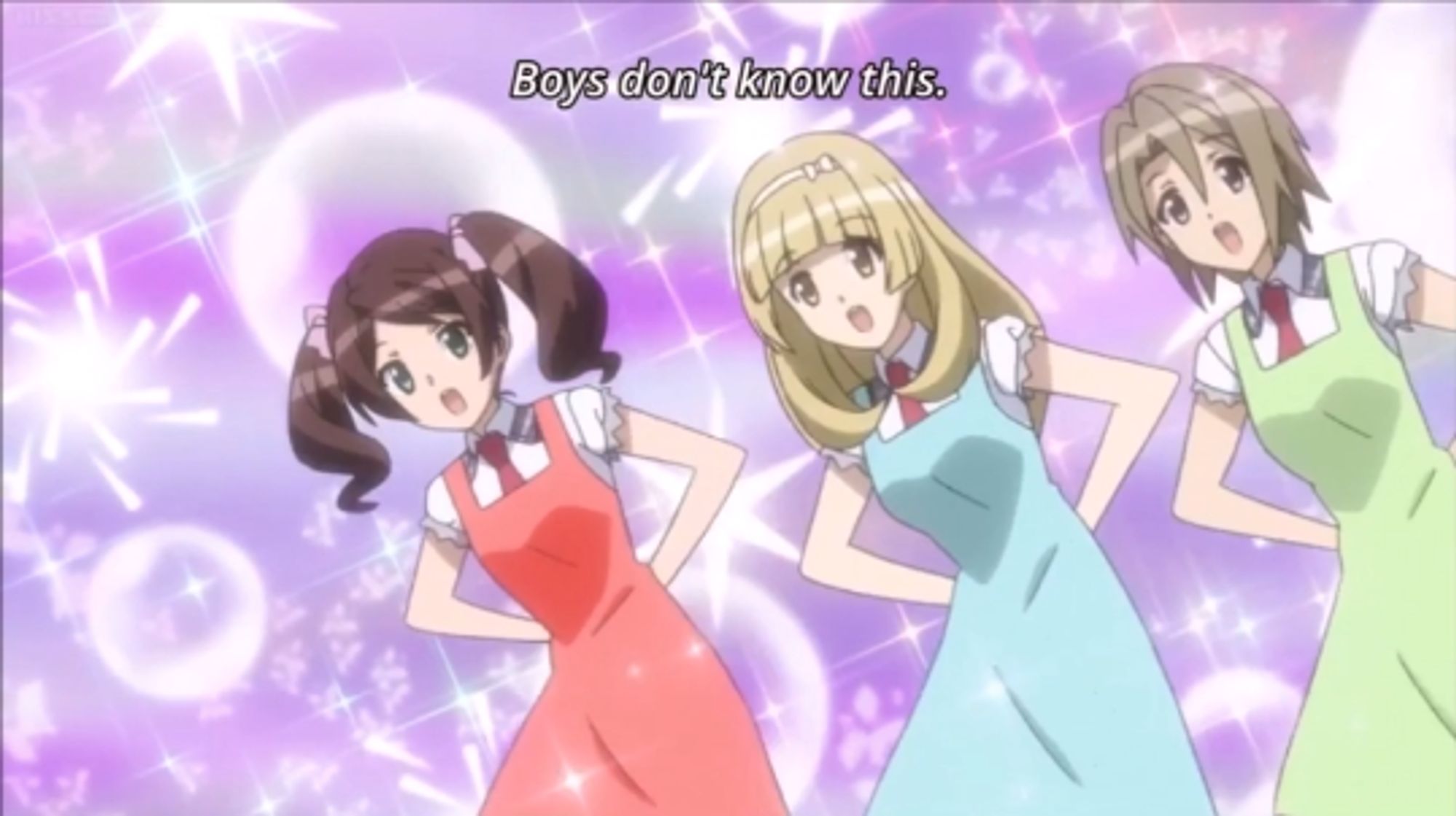 Three characters from Symphogear GX (I think from the wiki their names are Chinatsu Akasaki, Nao Tōyama and Mikako Komatsu but I'm not sure if that's them I don't go here) dancing in a line by bending sideways in front of a purple background with sparkles. The subtitle (which they are singing) reads: "Boys don't know this"