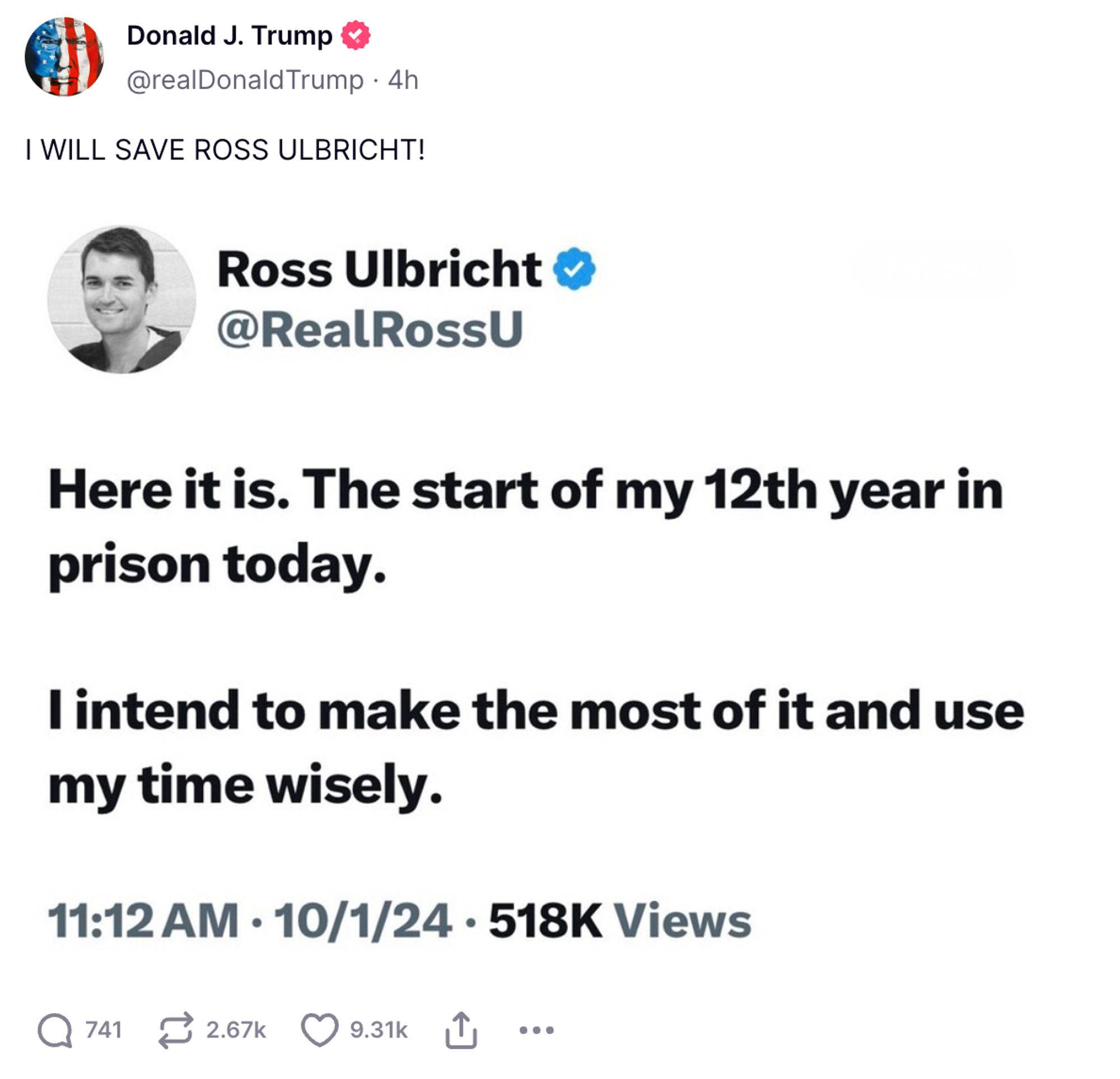 Trump burp on Truth.Social promising "I WILL SAVE ROSS ULBRICHT"