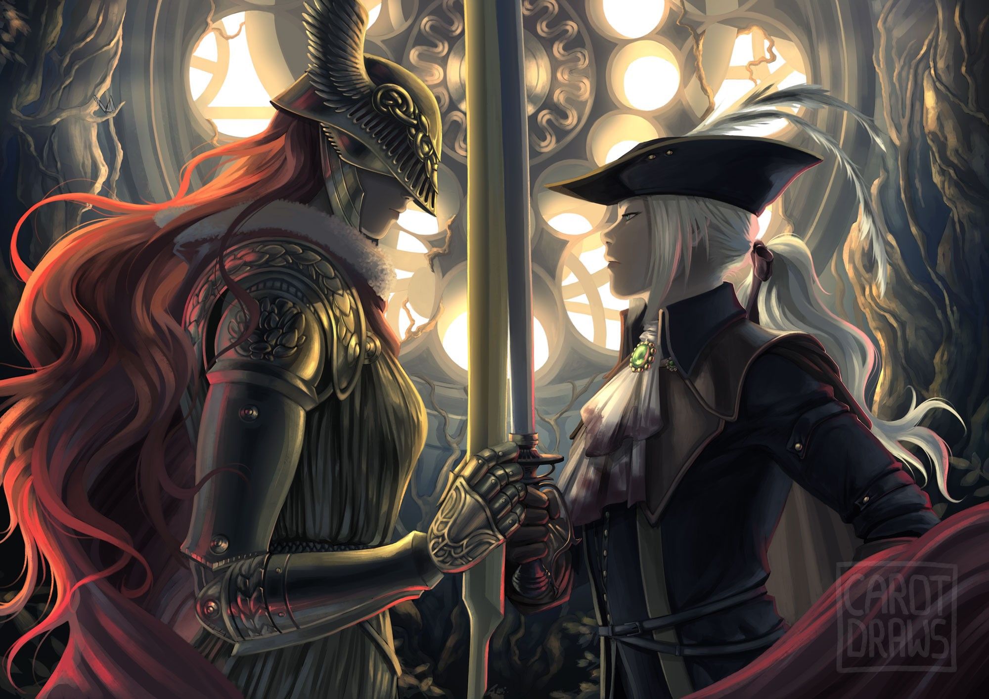 Fanart of two female characters from two different Fromsoftware games; Malenia from Elden Ring on the left and Lady Maria from Bloodborne on the right. They draw swords to each other and ares et in maria's clocktower.