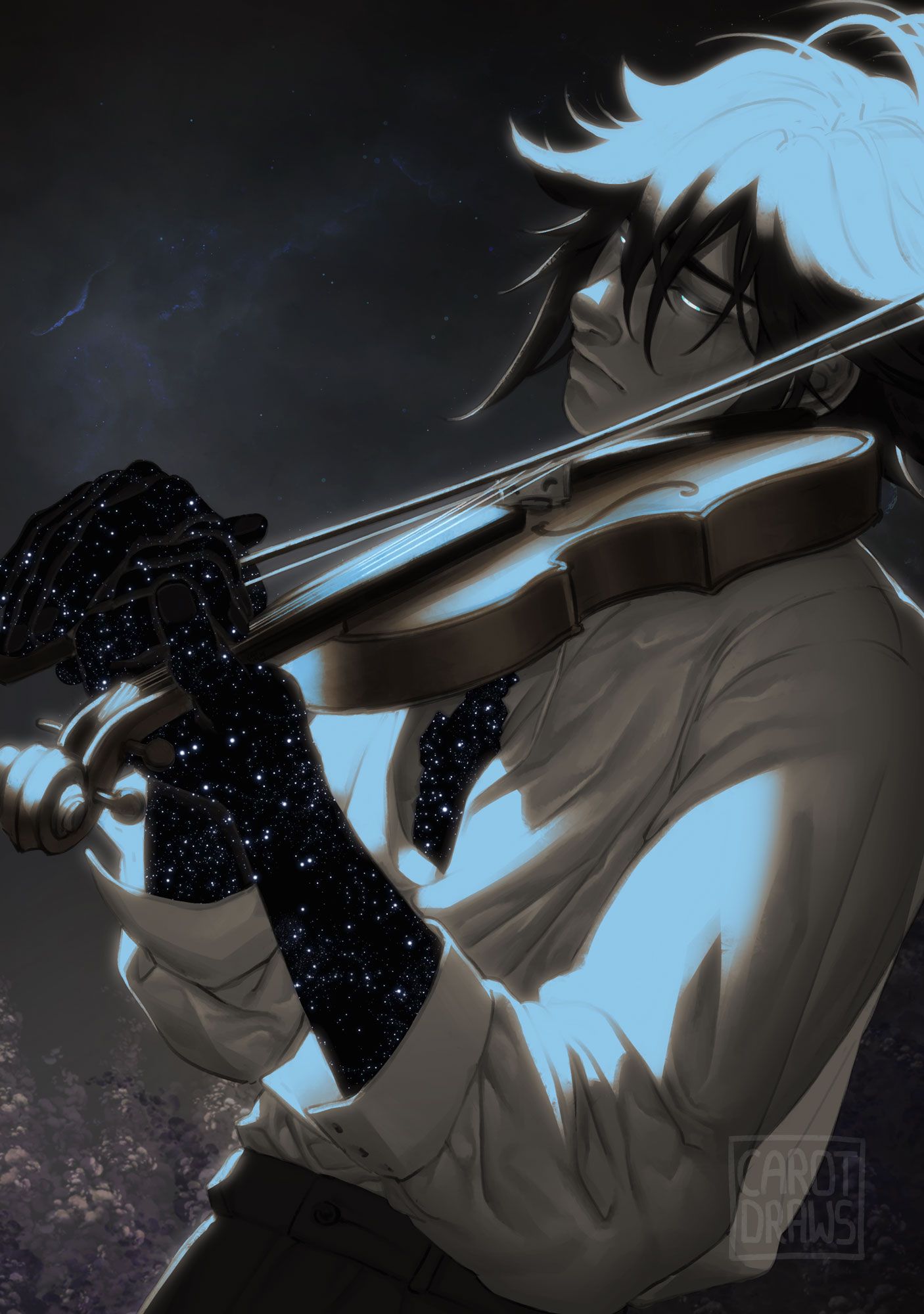 A digital painting of my original character playing the violin while standing in a field of purple flowers. Melancholic atmosphere, reminiscing a sad and dark past. His arms show a glimpse of the cosmos.