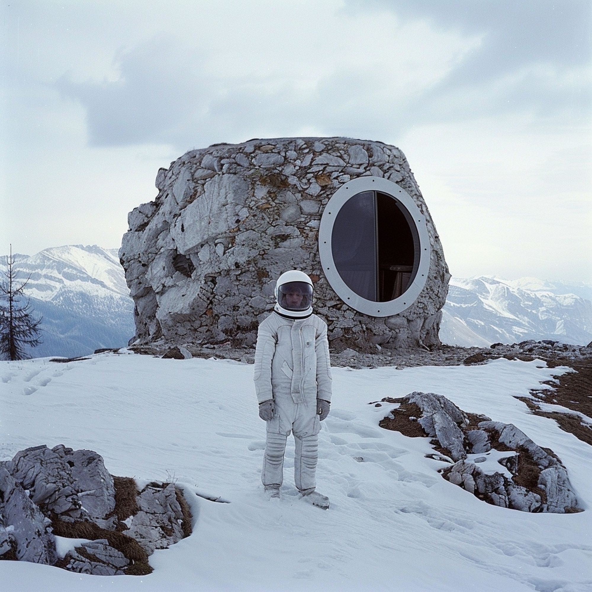 Paul Atreides in a spacesuit stands in front of a stone cabin in the Italian Alp, winter landscape, mies van der rohe, minimalist space capsule, kodak ektachrome