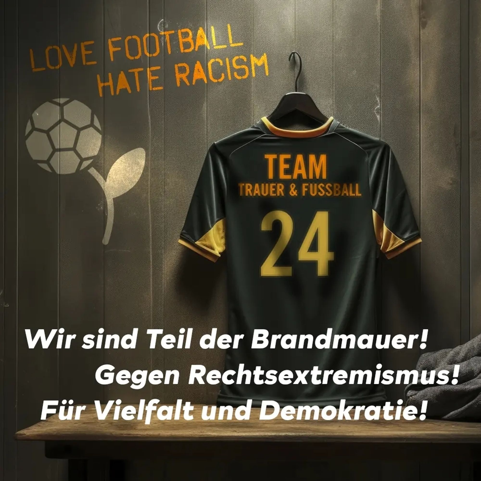 An einer grauen Wand hängt ein blaues Trikot mit der Nummer 24 und in oranger Schrift steht als Name " Team Trauer und Fußball" darauf.  Auf der Wand ist zudem eine Blume mit Fußballblüte (Logo) angebracht und in orangener Schrift steht darüber "Love Football. Hate Racism".