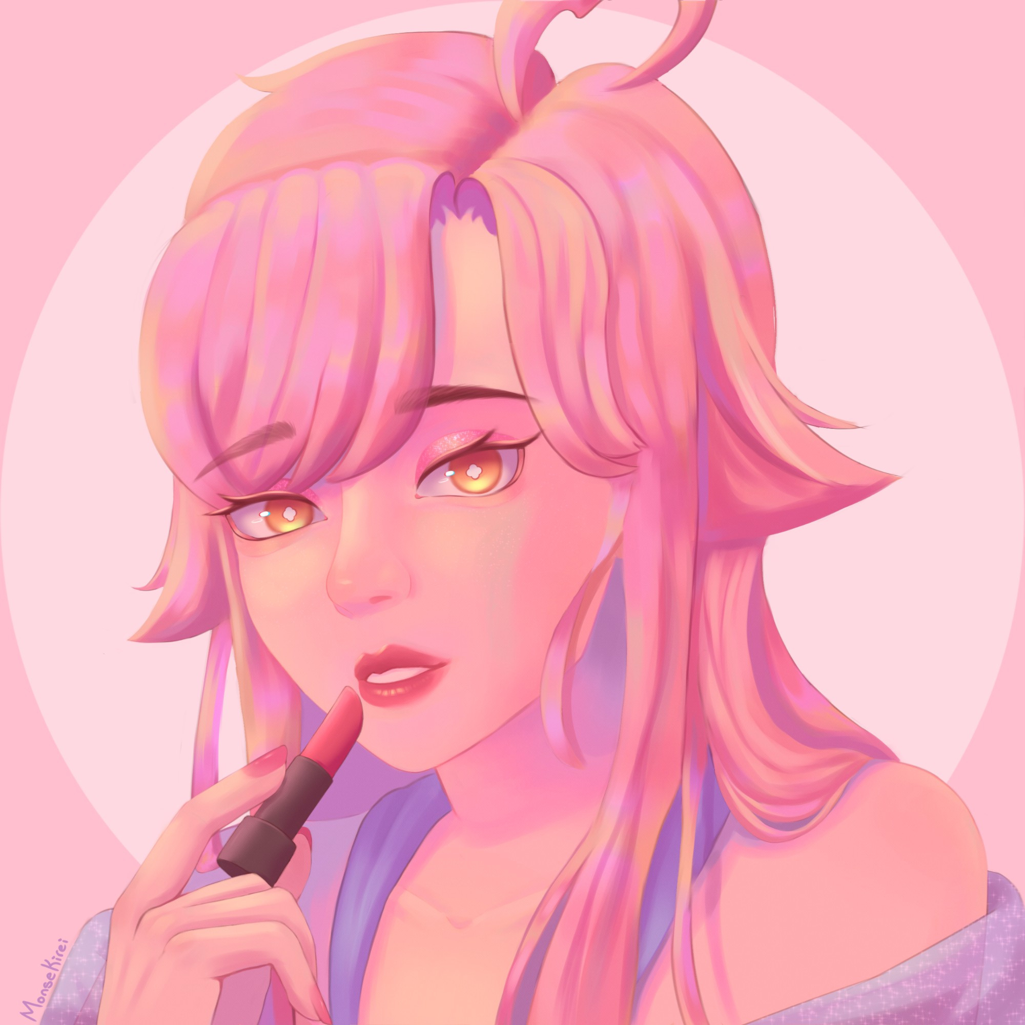 Head-shot illustration of a character with long pink hair, looking at the viewer and putting on lipstick.