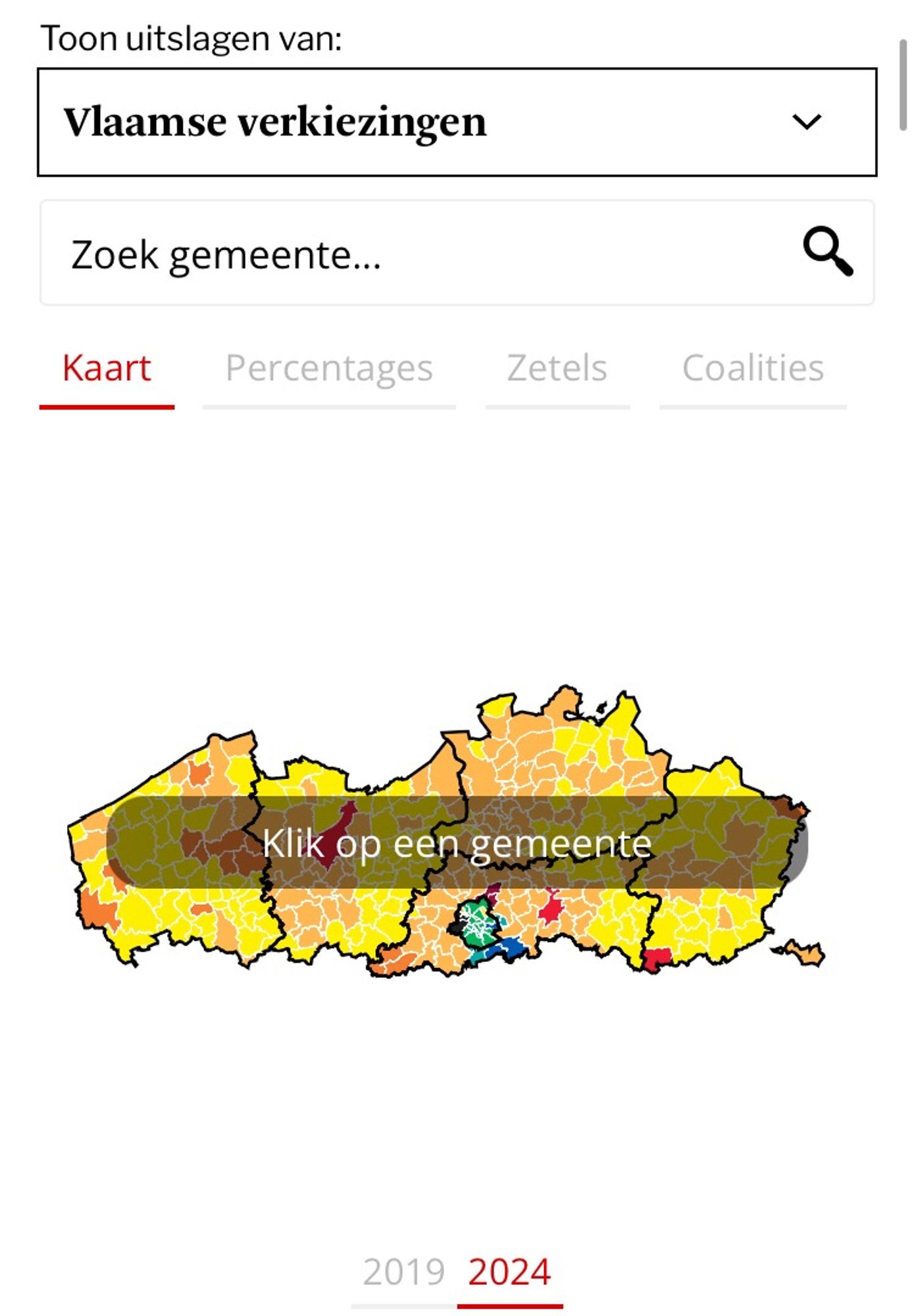 Image of results of elections for Flemish Parliament in Flanders: Ghent city voted Vooruit, in red. Majority of Flanders coloured orange or yellow.