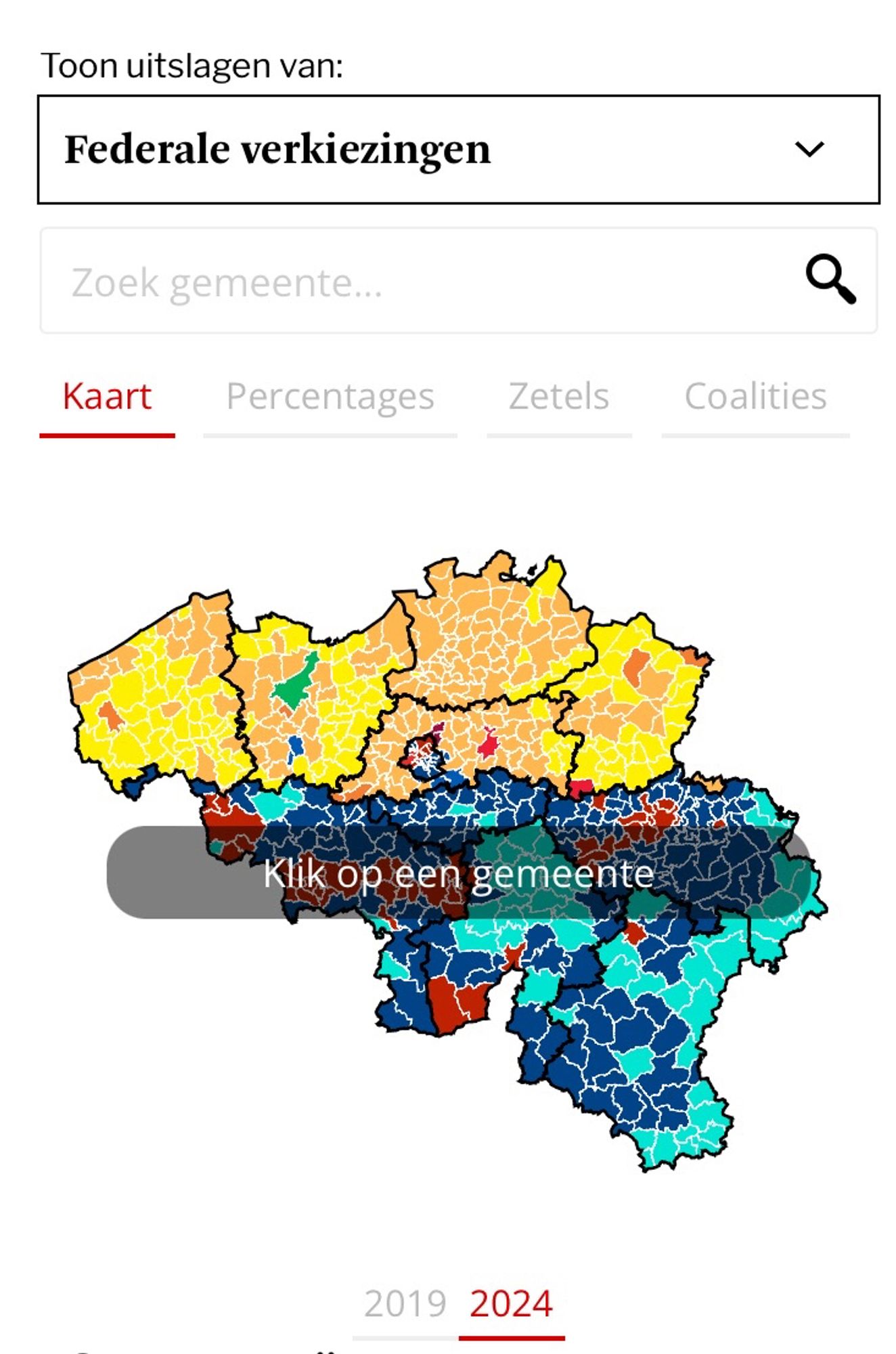 Results of Belgian election for Federal Parliament. Ghent voted Greens, coloured Green. Rest of Flanders mostly yellow and orange…