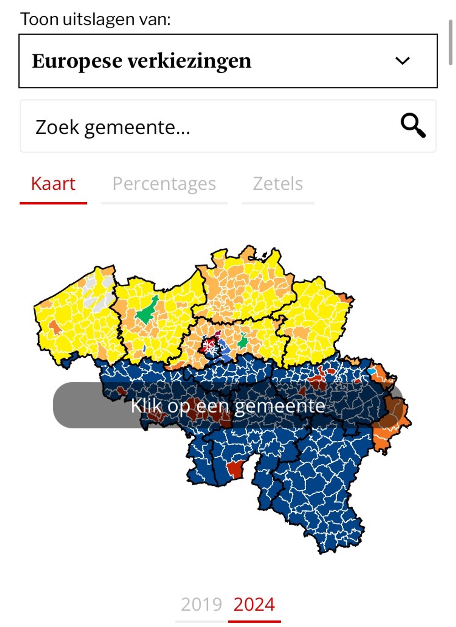 European election results for Belgium. Ghent voted green, coloured green. Rest of Flanders mostly yellow or orange.