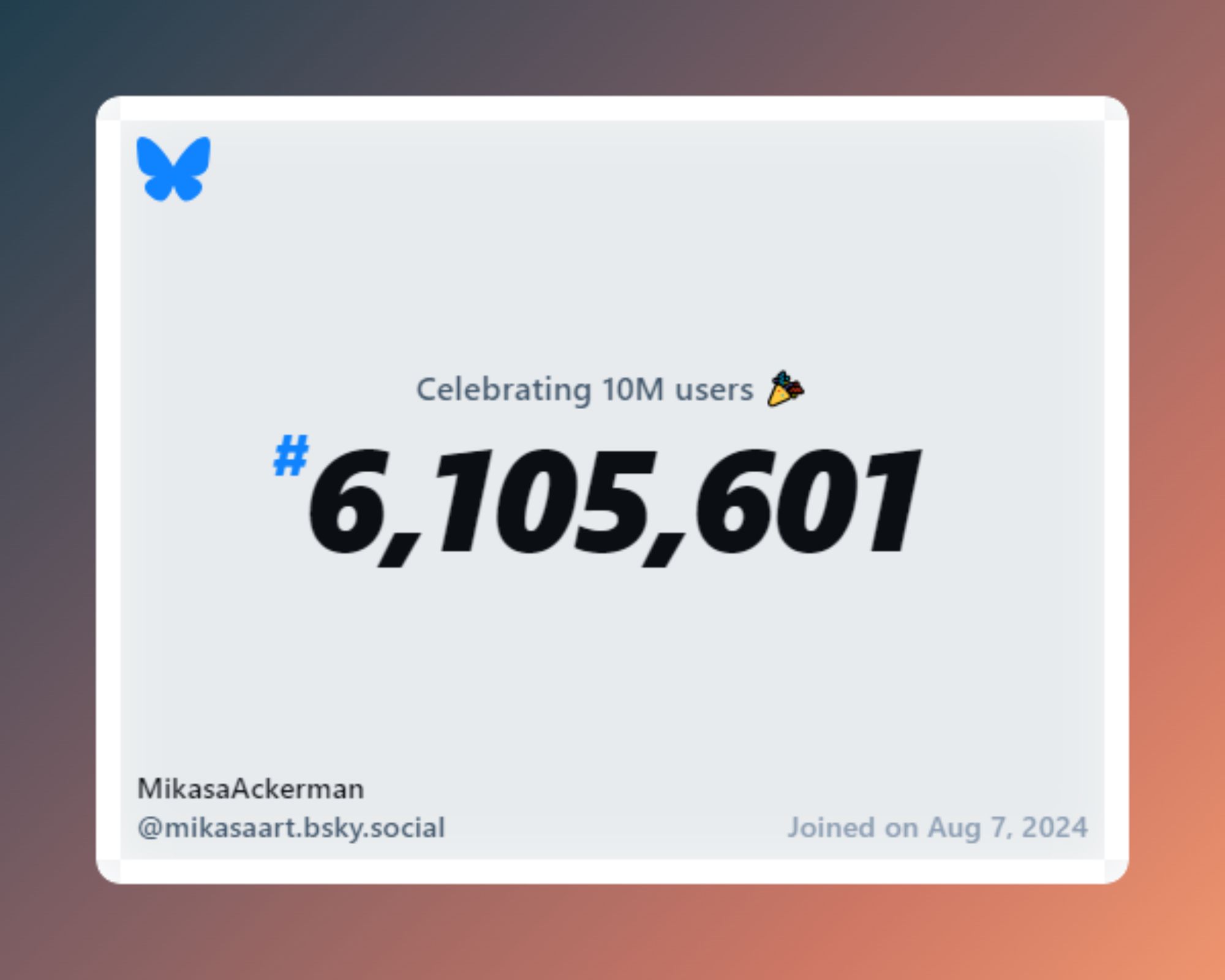 A virtual certificate with text "Celebrating 10M users on Bluesky, #6,105,601, MikasaAckerman ‪@mikasaart.bsky.social‬, joined on Aug 7, 2024"