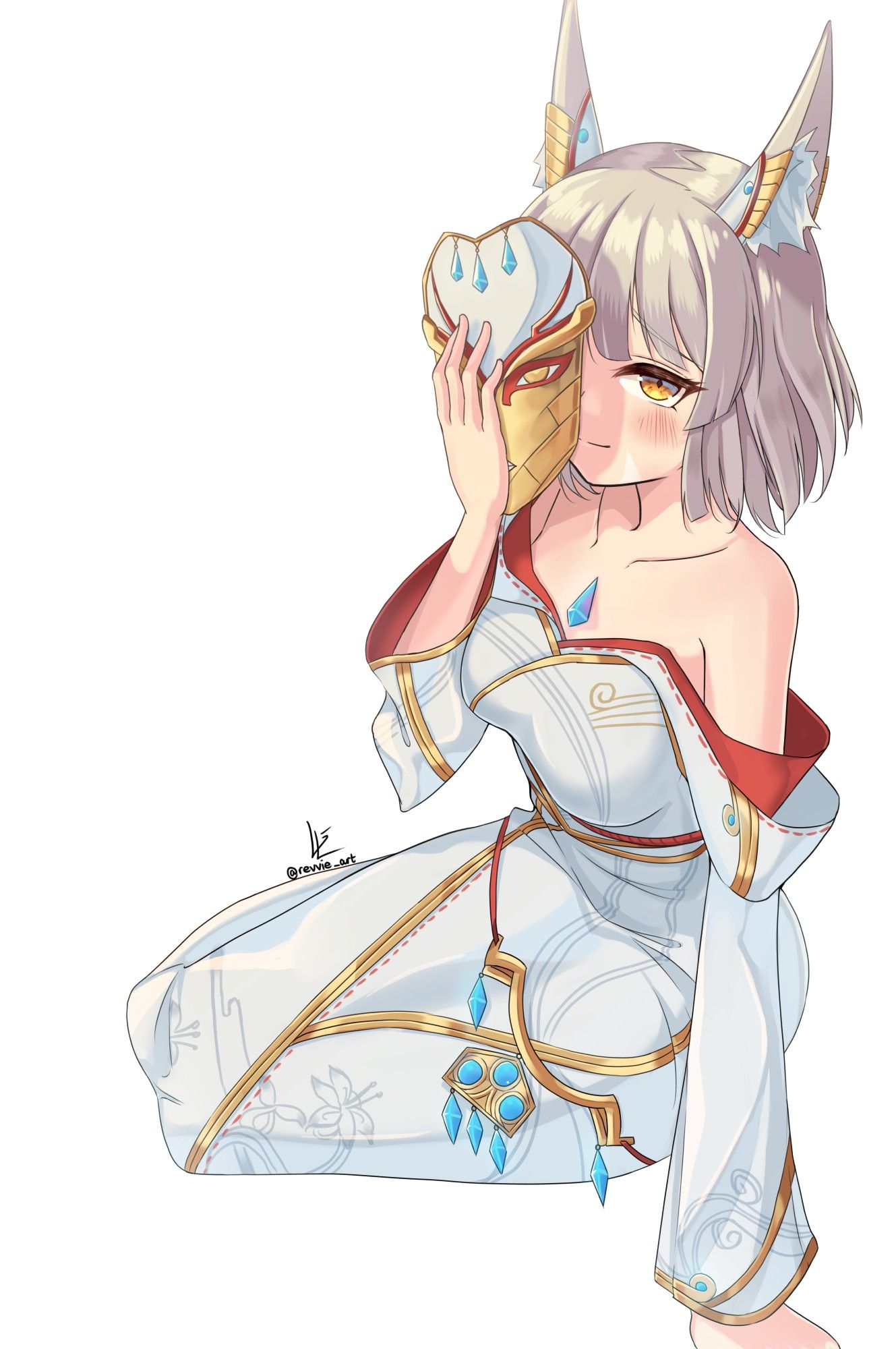 An illustration of Nia from the video game Xenoblade Chronicles 3. She is sitting on the floor, leaning towards the viewer. She is holding a golden mask that is covering half of her face.