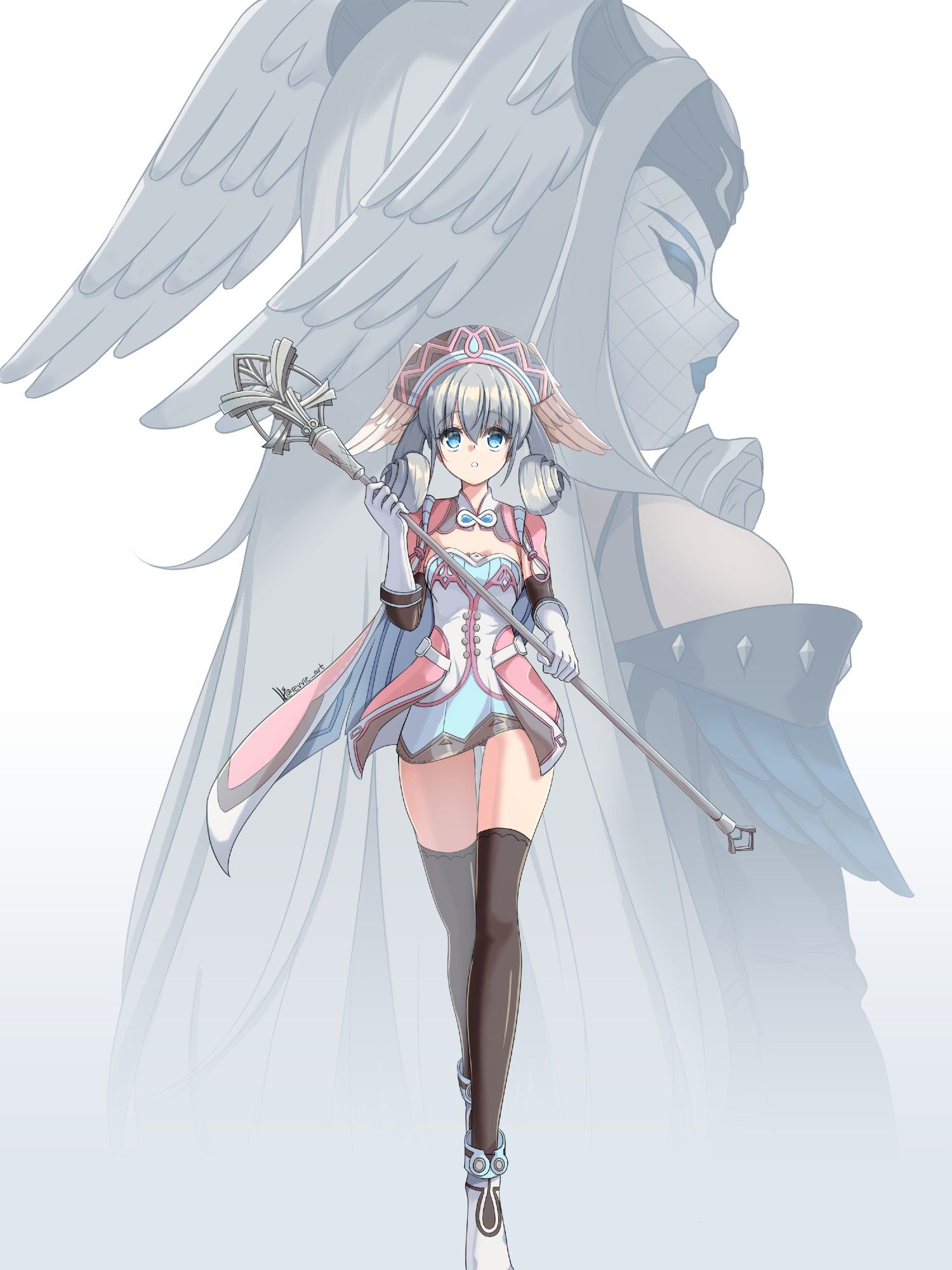 An illustration of Melia from the video game series Xenoblade Chronices. She is standing facing the viewer as she holds her staff. In the background, there is a faded, large masked figure that looks suspiciously like her.