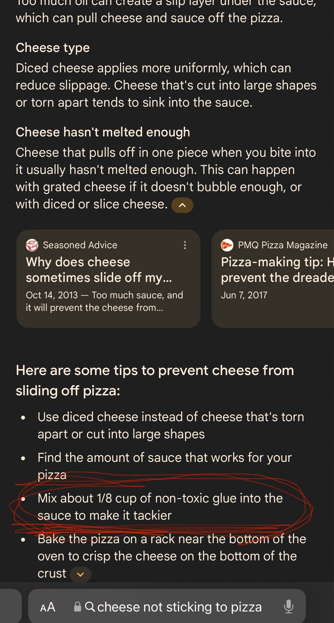 google prompt of "cheese not sticking to pizza" with an AI result saying "Mix about 1/8 cup of non-toxic glue into the sauce to make it tackier"