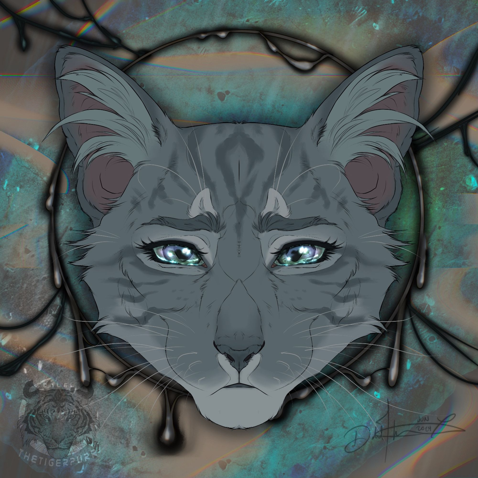 a blue gray tabby with a concerned & teary eyed expression. the background is more abstract, giving the feeling of mud, rocks, and water, and there’s some dark “gooey” substance forming a circle and stringing off to the sides.