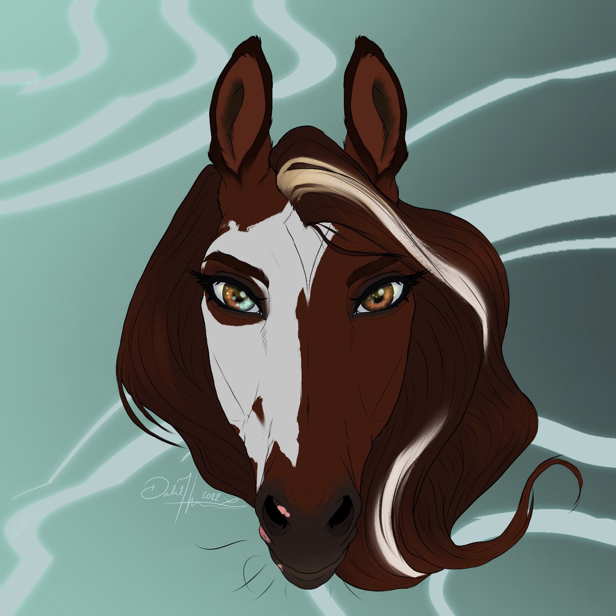 a chestnut horse with a big white marking over half her face that’s shaped like a horse skull. her mane is flowing to the right, her eyes are brown with the right eye having a sectoral segment of icy blue, and the background is a bright, powder teal that gets darker to the right, with pale blue wave lines that have a glitchy, retro effect on them.