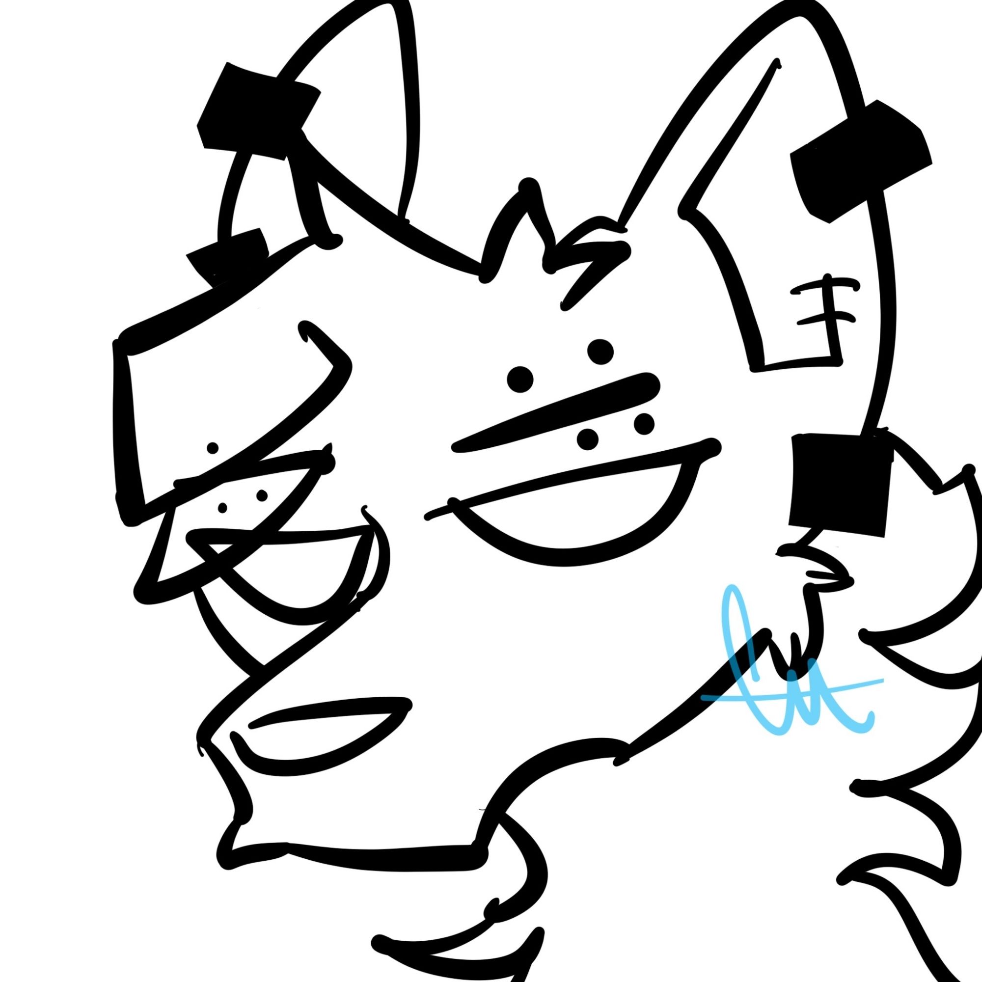 Black and white drawing of a wolf with ear and eyebrow piercings, with no pupils.