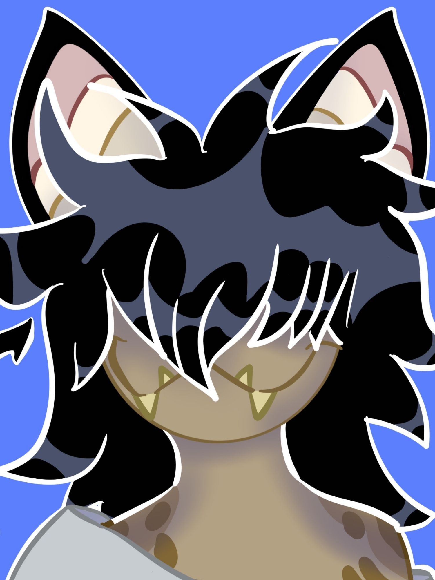 A colored drawing of a cat-like anthro with black, long hair covering her eyes. They have a long smile with 4 sharp teeth protruding from her lips.