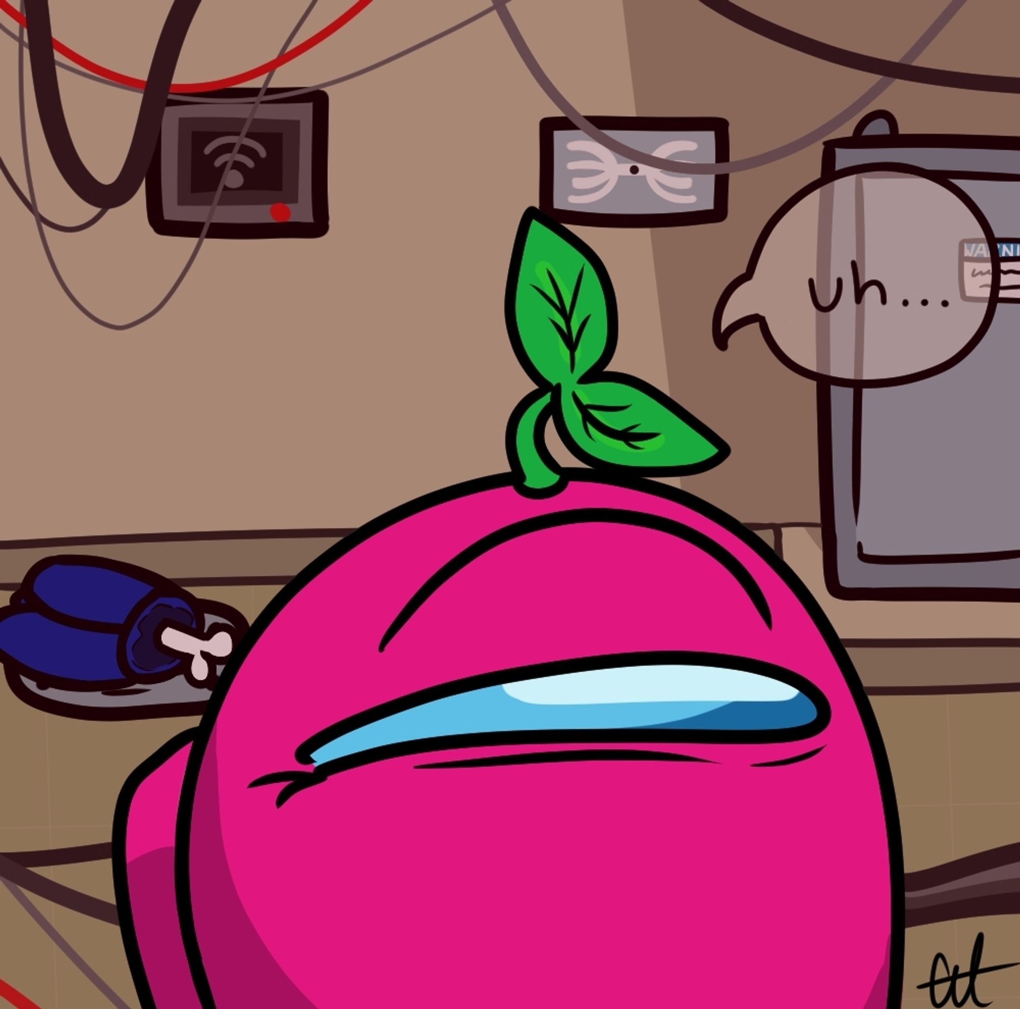 A drawing of a pink among us character with a plant on their head with their visor forming a "squinting" expression with a speech bubble from pink saying "uh..." There is a body of a blue among us character behind pink on top of a vent. This is all happening in Electrical.