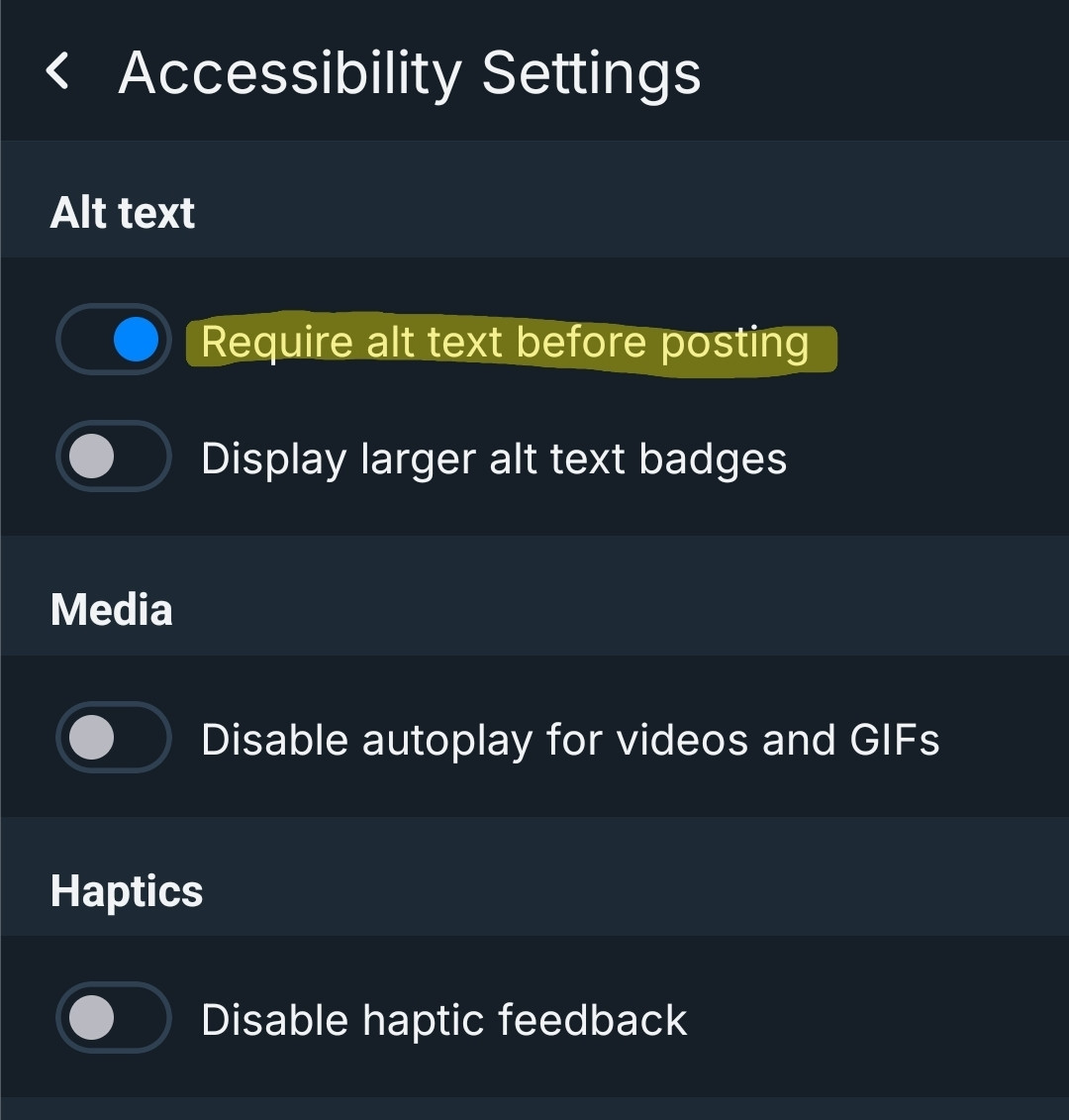 A screenshot on mobile showing the "Require alt text before posting" setting in the settings of Bluesky.