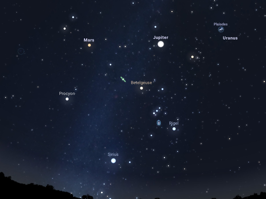 Stellarium reference for Derry at 05:30 2024 10 03 featuring Orion Jupiter Mars Pleiades