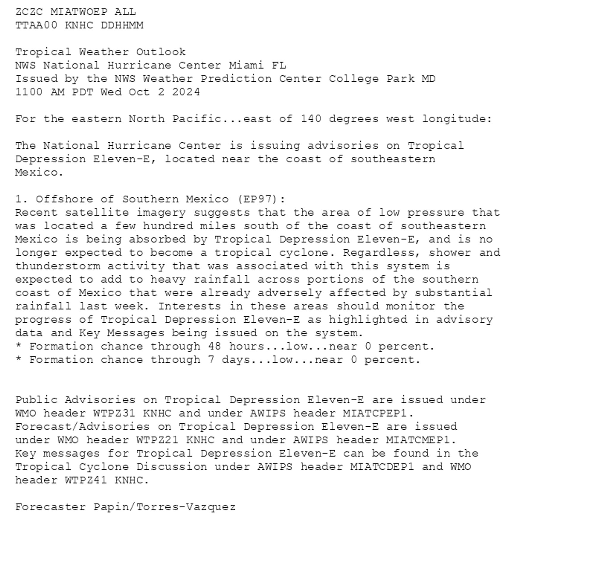 
ZCZC MIATWOEP ALL<br>TTAA00 KNHC DDHHMM<br><br>Tropical Weather Outlook<br>NWS National Hurricane Center Miami FL<br>Issued by the NWS Weather Prediction Center College Park MD<br>1100 AM PDT Wed Oct 2 2024<br><br>For the eastern North Pacific...east of 140 degrees west longitude:<br><br>The National Hurricane Center is issuing advisories on Tropical <br>Depression Eleven-E, located near the coast of southeastern <br>Mexico.<br><br>1. Offshore of Southern Mexico (EP97):<br>Recent satellite imagery suggests that the area of low pressure that <br>was located a few hundred miles south of the coast of southeastern <br>Mexico is being absorbed by Tropical Depression Eleven-E, and is no <br>longer expected to become a tropical cyclone. Regardless, shower and <br>thunderstorm activity that was associated with this system is <br>expected to add to heavy rainfall across portions of the southern <br>coast of Mexico that were already adversely affected by substantial <br>rainfall last week. Interests in these areas should monitor the <br>progress of Tropical Depression Eleven-E as highlighted in advisory <br>data and Key Messages being issued on the system.<br>* Formation chance through 48 hours...low...near 0 percent. <br>* Formation chance through 7 days...low...near 0 percent.<br><br>
<br>Public Advisories on Tropical Depression Eleven-E are issued under <br>WMO header WTPZ31 KNHC and under AWIPS header MIATCPEP1. <br>Forecast/Advisories on Tropical Depression Eleven-E are issued <br>under WMO header WTPZ21 KNHC and under AWIPS header MIATCMEP1.<br>Key messages for Tropical Depression Eleven-E can be found in the<br>Tropical Cyclone Discussion under AWIPS header MIATCDEP1 and WMO<br>header WTPZ41 KNHC.<br><br>Forecaster Papin/Torres-Vazquez<br><br>

