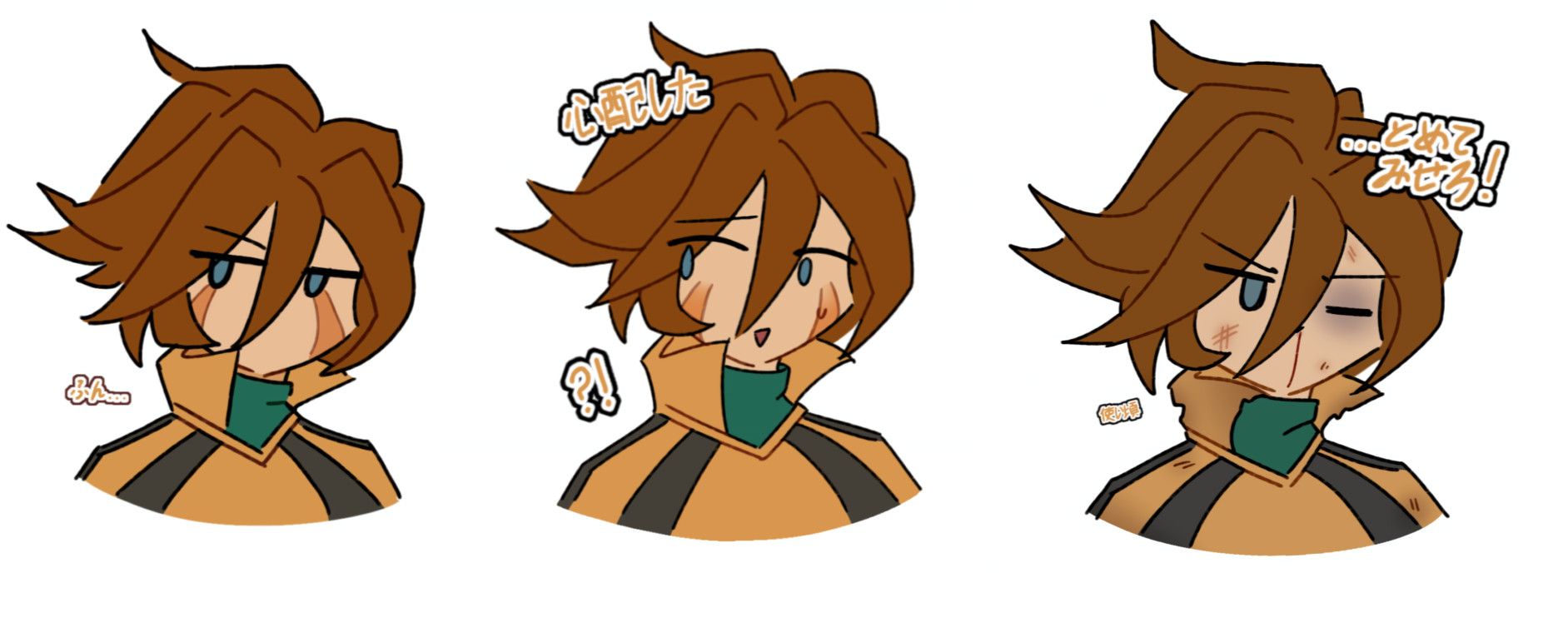 A set of 3 drawings in chibi style of Koujiro Genda from Inazuma Eleven. 
Each chibi features a different expression.