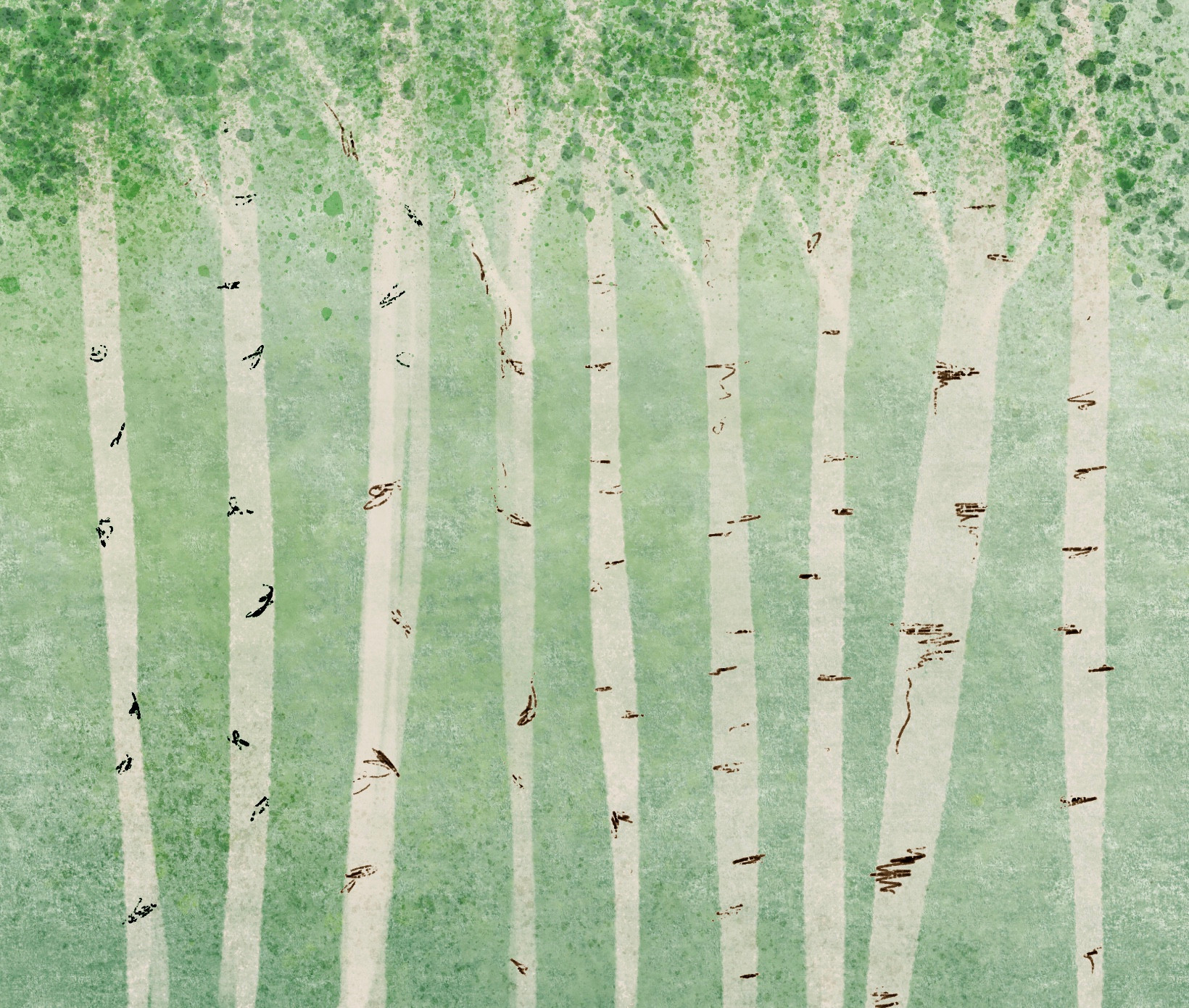 a digital watercolor drawing of some birch trees