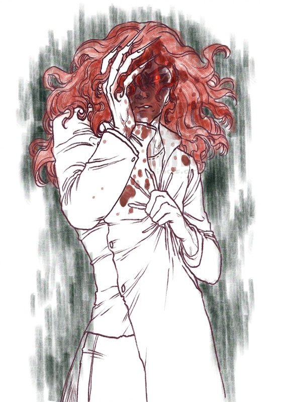 Red and curly-haired person is holding their face with their right hand that looks enlarged and with long, sharp nails, in what looks like pain. Their normal-looking left hand is clutching the front of their coat very tightly. Their face is hidden in shadow, but their eyes are glowing brightly red. There seems to be blood splatter on their face. The background is shadowy and done in a painterly fashion.