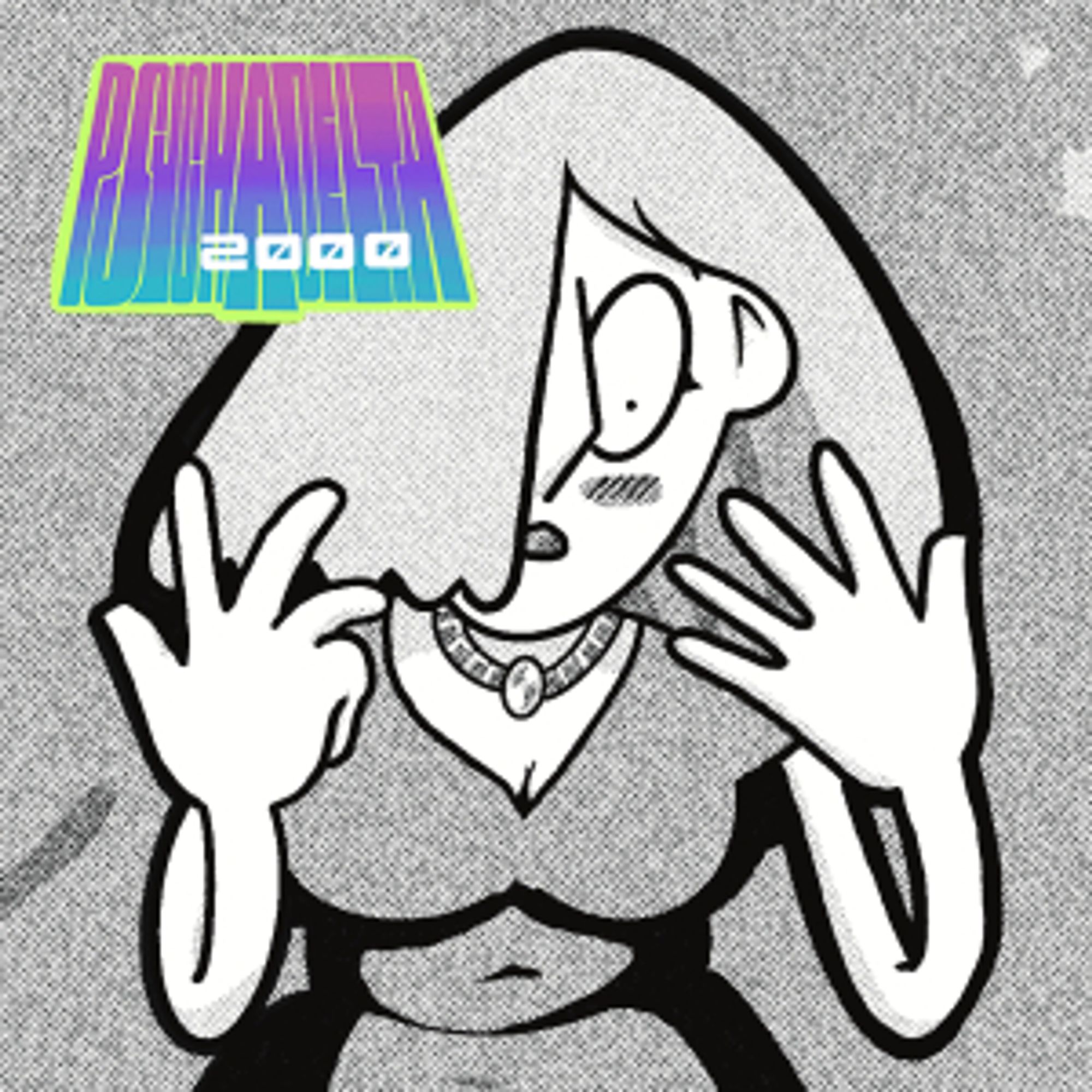 Rebecca looking at her hands in some level of shock, with the Psychadelta 2000 logo in the top left