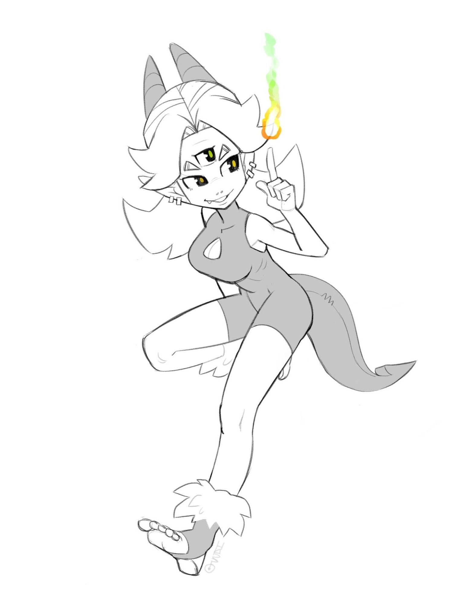 Young half-dragon girl with three eyes controls a small flame at her fingertip.