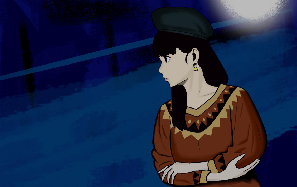 Digital art of Ayame Tono from Paranormasight during her ending credits scene. She is standing on the right side of the image, depicted waist-up from the front, with her arms crossed and her head turned directly to the right so her face is seen in profile. It is night time and the background is abstractly depicted in various shades of blue; she appears to be standing in front of a river with various silhouetted buildings on the opposite bank. The moon shines from the top right of the image with only the bottom half visible.