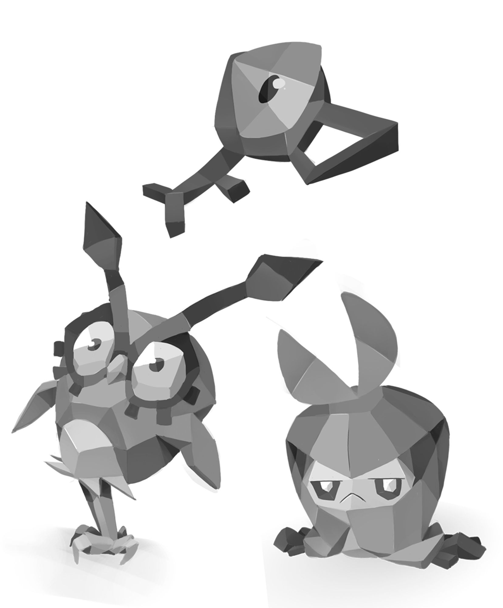 Unown, Hoothoot and Swadloon, three pokémon stylized in black and white