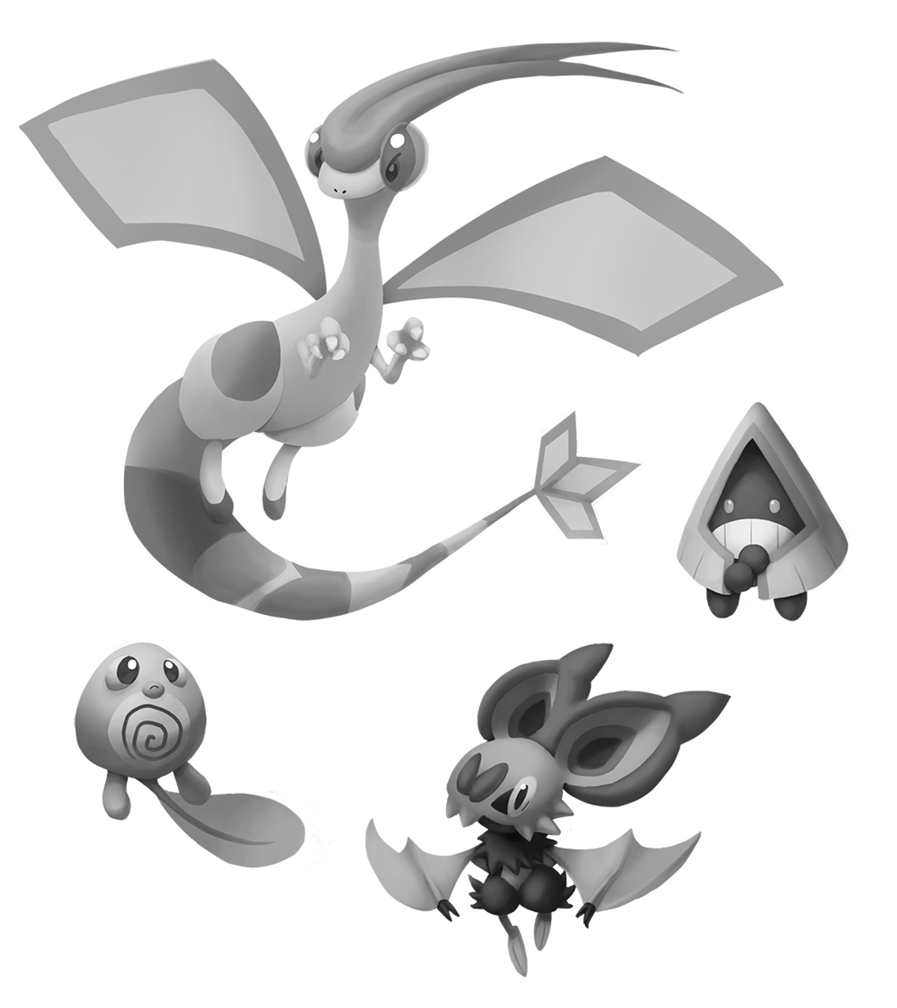 Flygon, Snorunt, Noibat and Poliwag, four pokémon painted in black and white