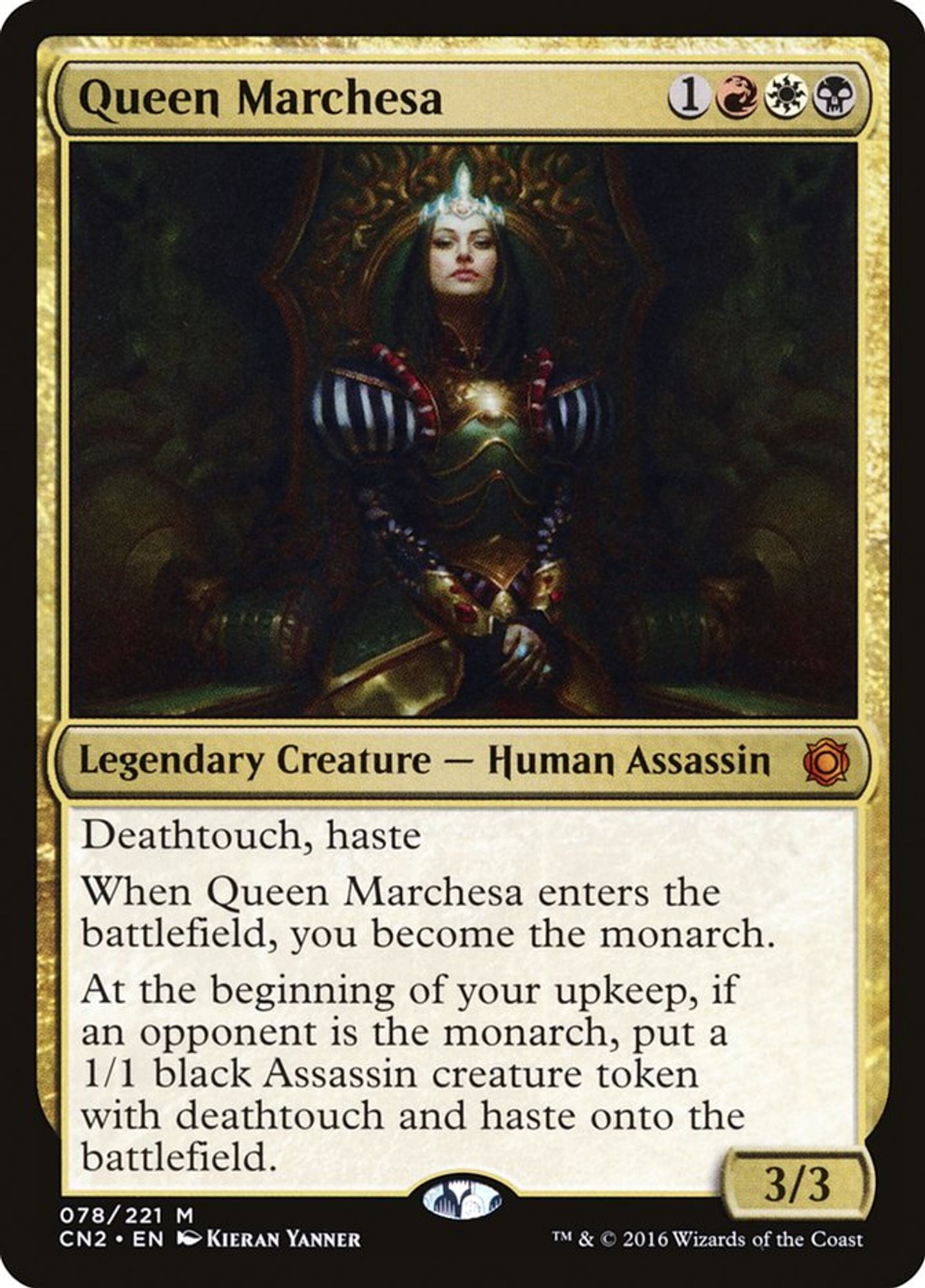 The Magic the Gathering card Queen Marchesa. She sits upon a throne, illuminated with sharp Chiaroscuro lighting.