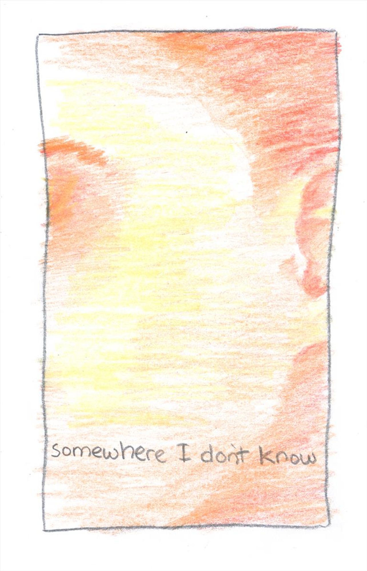 A large panel fills most of the page, and inside is a gentle, detailed drawing of a cheek and jawline, cutting off right at the edge of the eye and the ear creating a feeling of the character being unable to meet the reader’s gaze. Towards the bottom in gray it says “somewhere I don’t know”