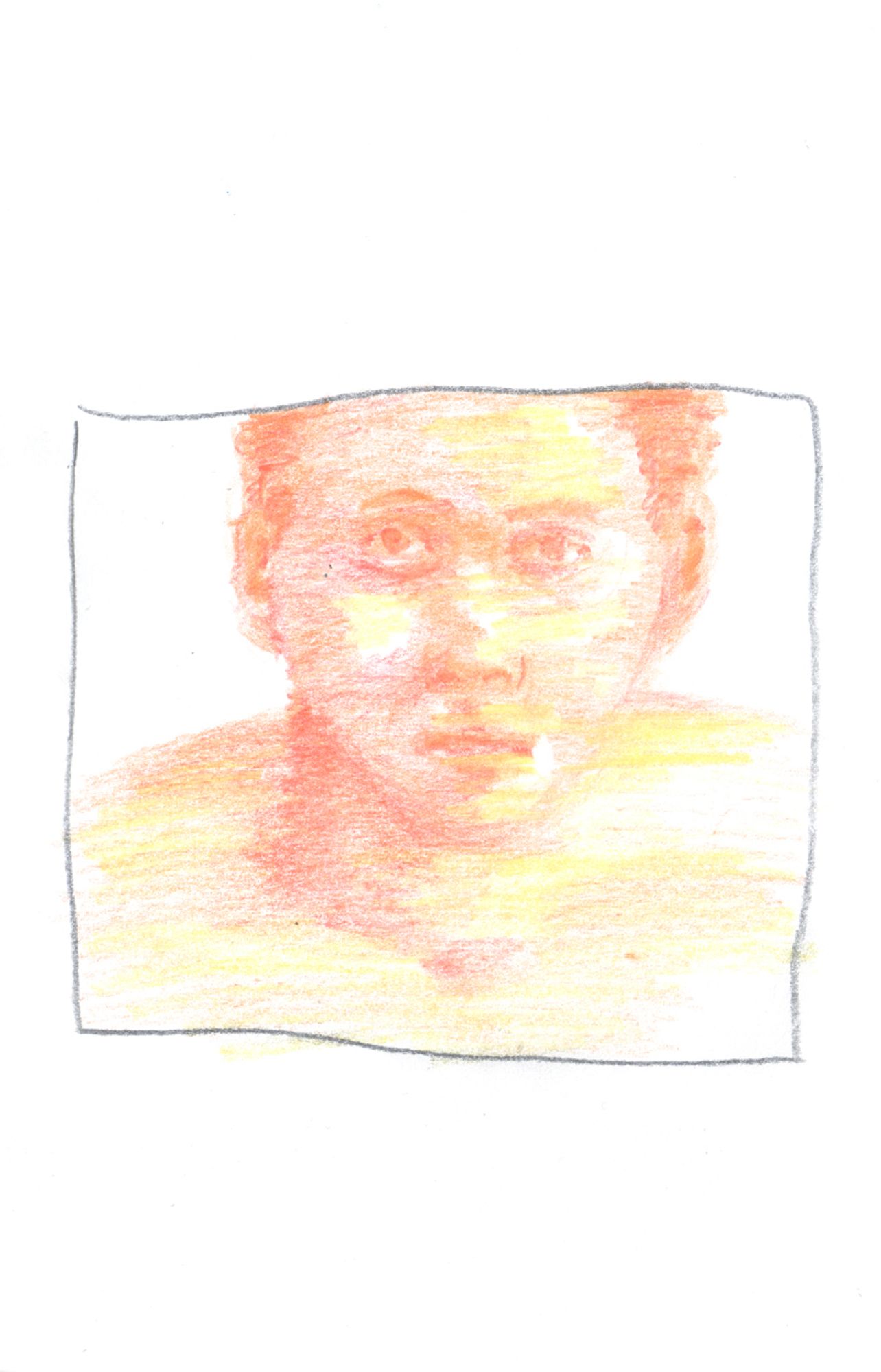 A square panel in the center of the page shows a face, eyes locked on the viewer. Gentle orange, yellows, and reds loosely define the shapes of the face, and the person’s bare shoulders.