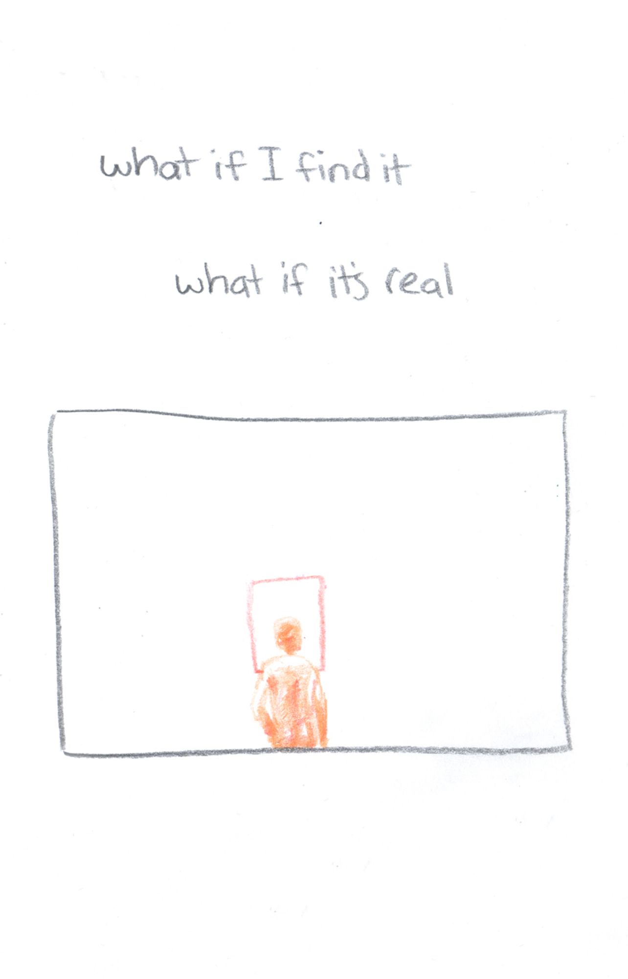 “what if I find it” it says outside of any panel “what if it’s real”. Below in a large panel, a small figure stares into an orange mirror-like rectangle.