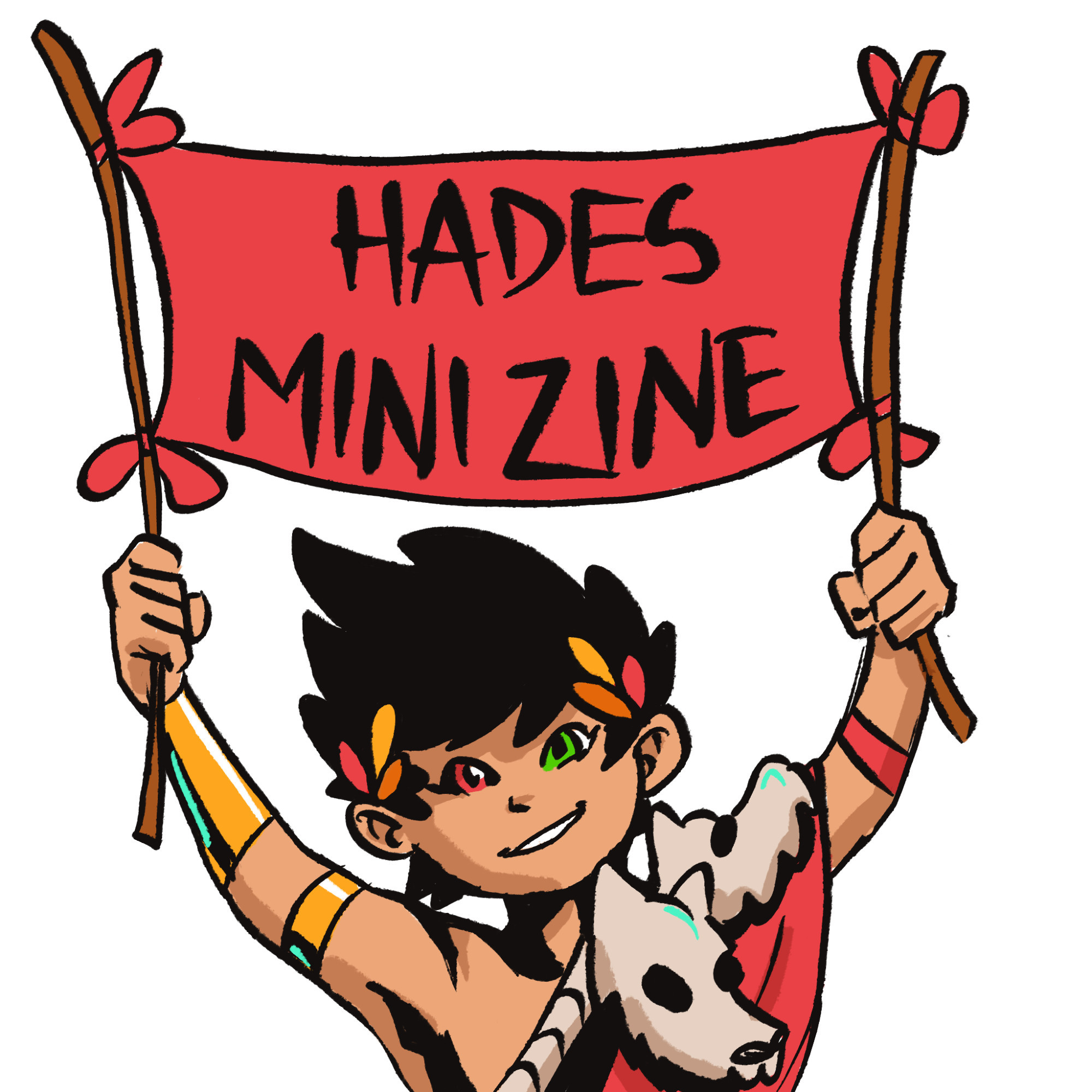 A digital drawing of Zagreus from Hades video game. He's pictured from chest up, holding up a banner that says Hades mini zine over his head.