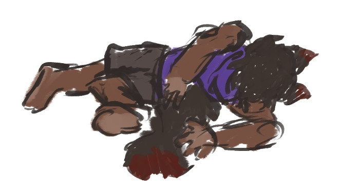 this is the same image as before, but without the stickers. it is just the werewolf character lying on the ground in a death pose referencing a meme. his left leg is laying straight, with the foot turned slightly inward. his right leg is bent behind him. both his arms are behind him. he has the same purple jacket and you can see his black shorts this time.