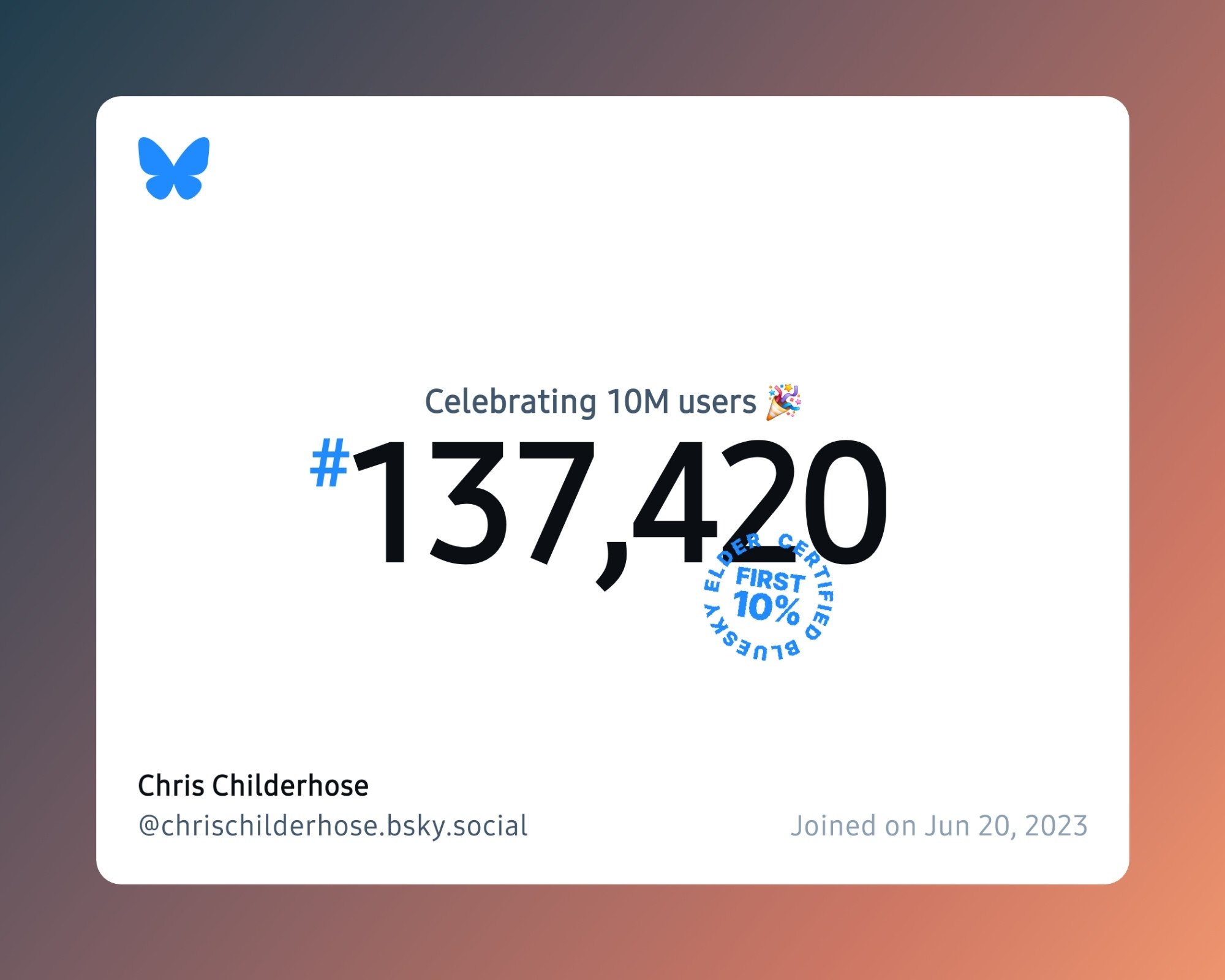 A virtual certificate with text "Celebrating 10M users on Bluesky, #137,420, Chris Childerhose ‪@chrischilderhose.bsky.social‬, joined on Jun 20, 2023"