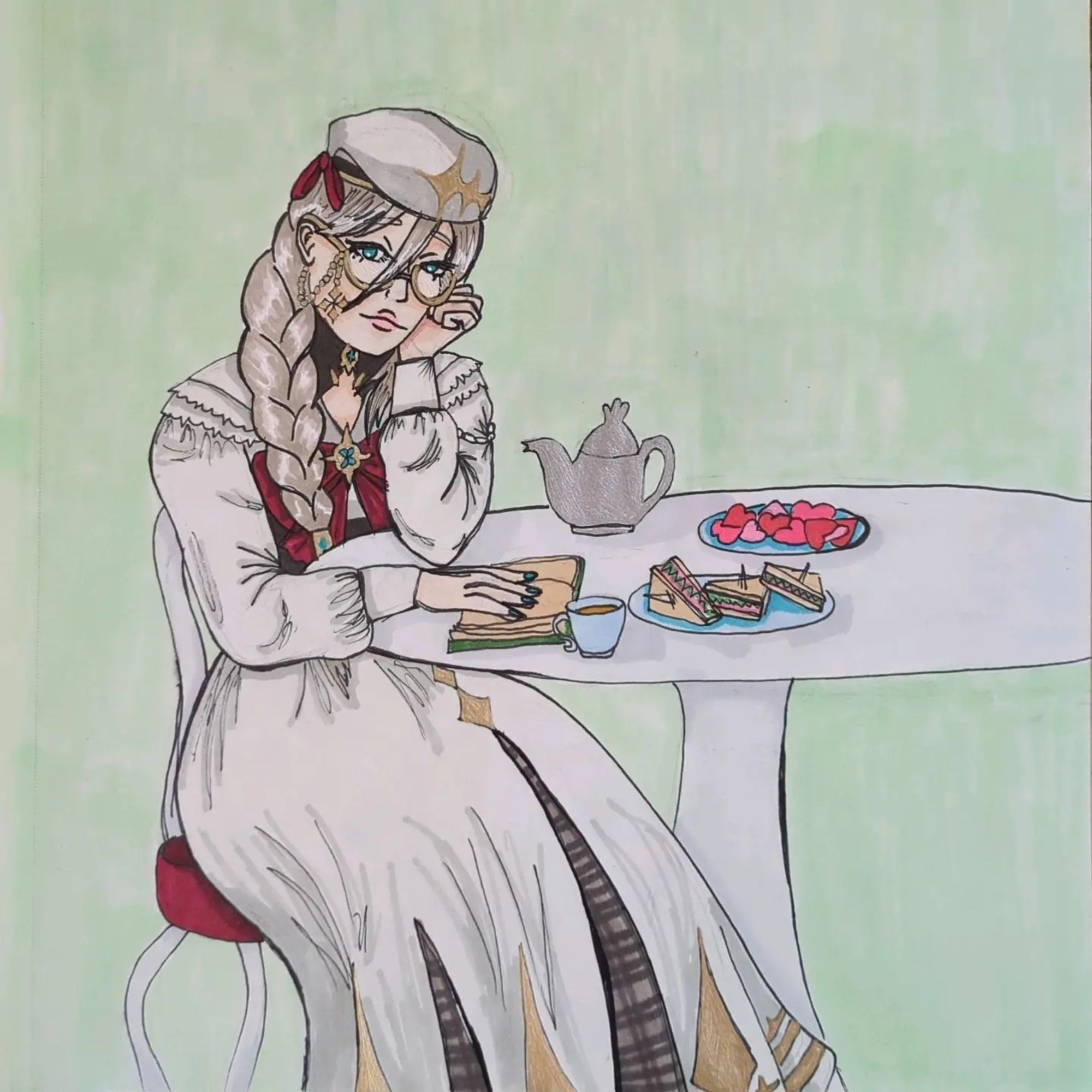 Fanart of Nijisanji EN Vtuber Aia Amare. She sits at a tea table, holding open a book with one hand. There are tea sandwiches and heart shaped cookies at the table. She looks at the viewer fondly