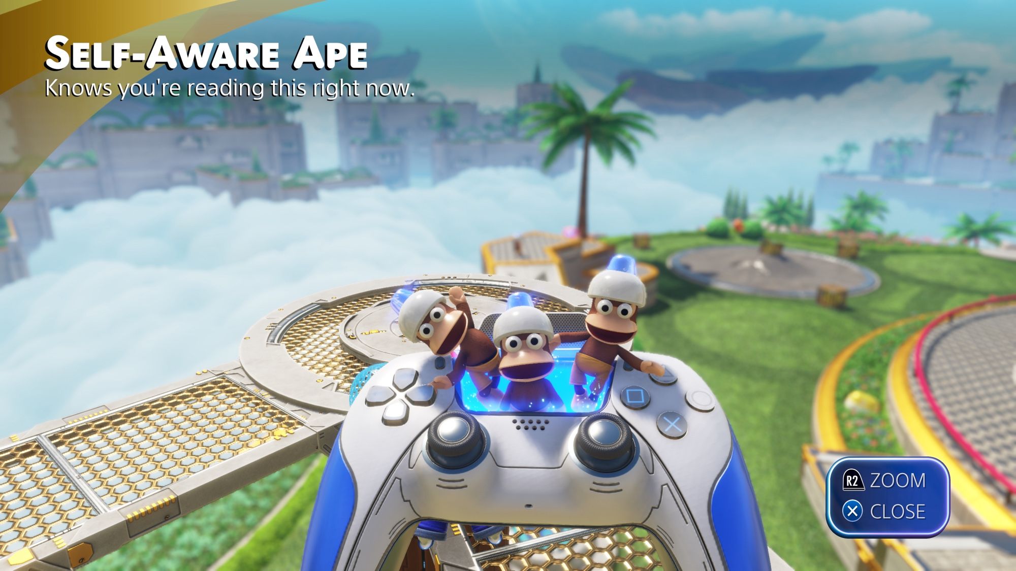 Three bots dressed up as Monkeys from Ape Escape all chilling in the PS5 controller hot tub. A caption on the top left reads “Self-Aware Ape: Knows you’re reading this right now.” The caption refers to the monkey in the middle.