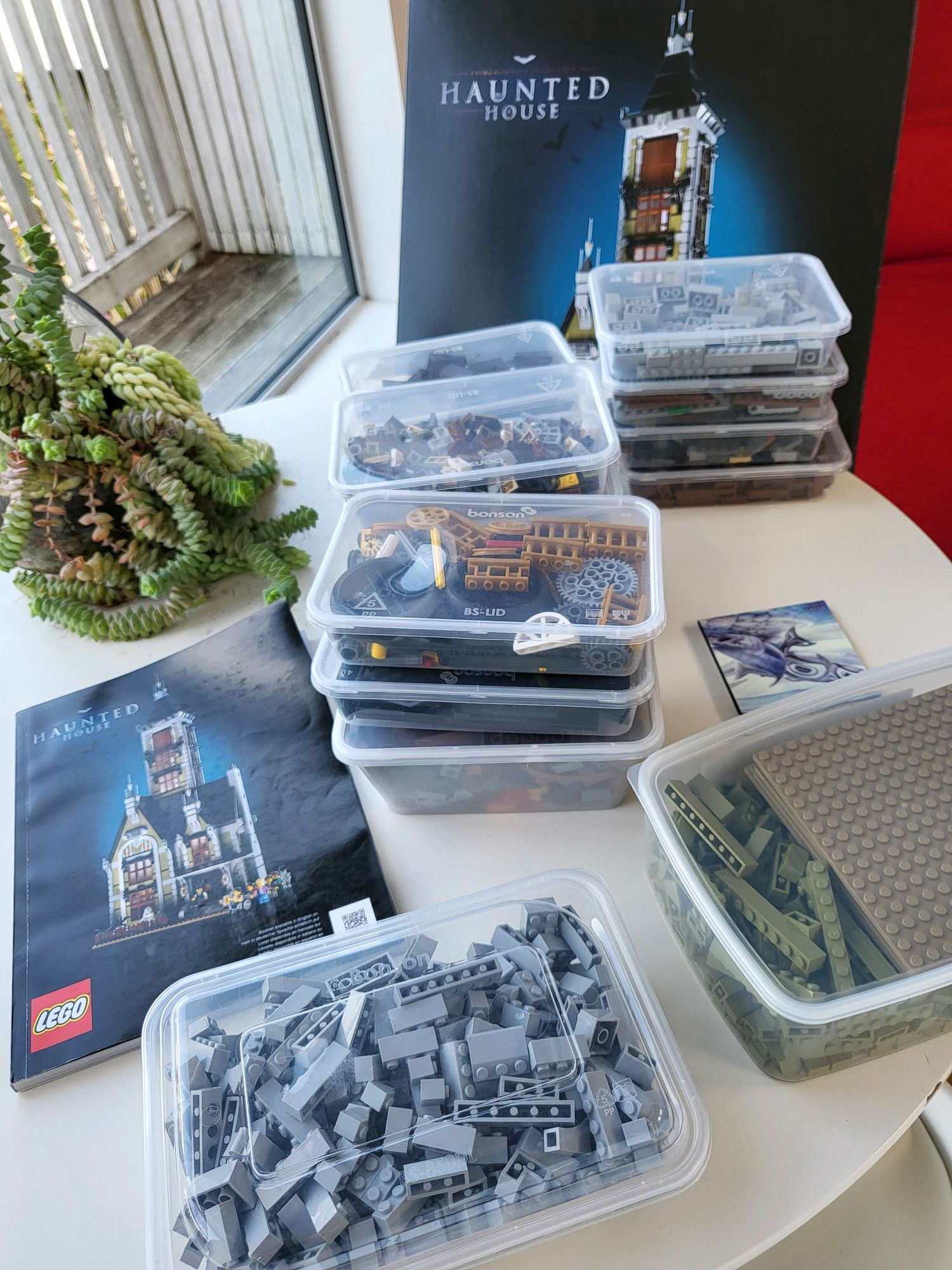 A table covered in many takeaway food containers full of Lego. An instruction booklet for building the Lego fairground collection haunted house, with its box in the background. There's also an unruly succulent on the table.