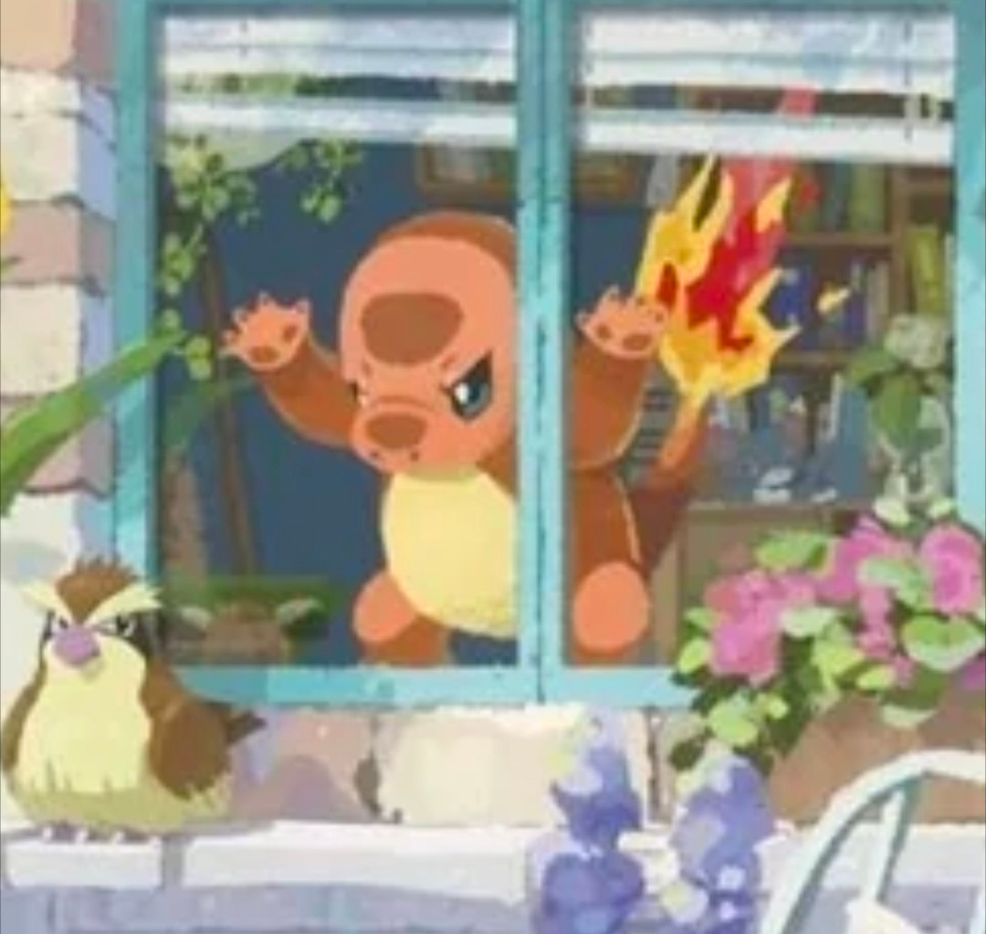 charmander looking angrily out a window 