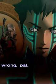 Screenshot from Shin Megami Tensei 3. Dante is behind Demi-Fiend, holding at gun at him, seen over Demi-Fiend's shoulder. The cropped image only reads "wrong, pal."