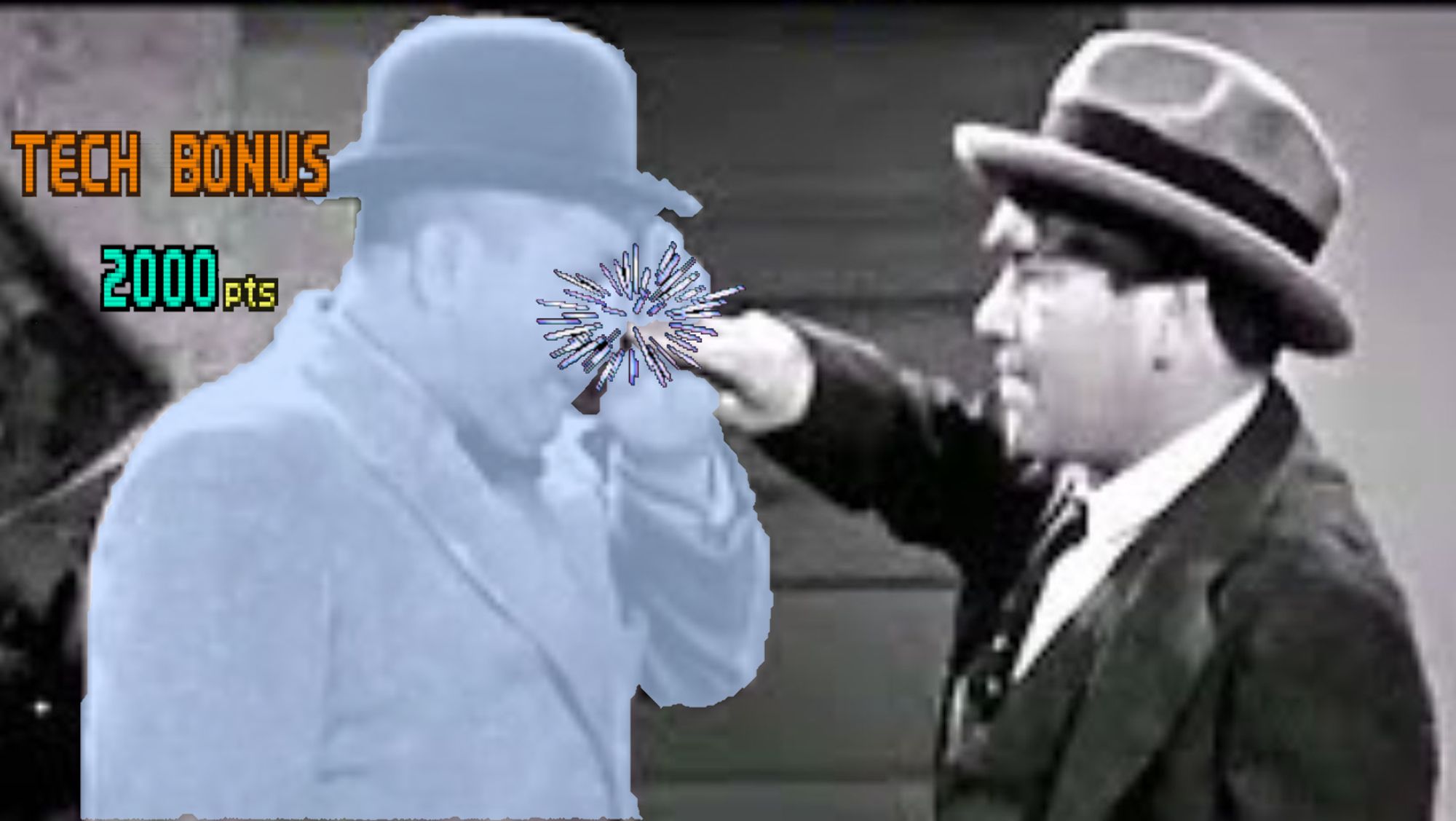 Moe attempting an eye poke on Curly from the Three Stooges. Curly blocks the eye poke with his hand in front of his face and is colored blue as if he successfully parried an attack in Street Fighter III: 3rd Strike.