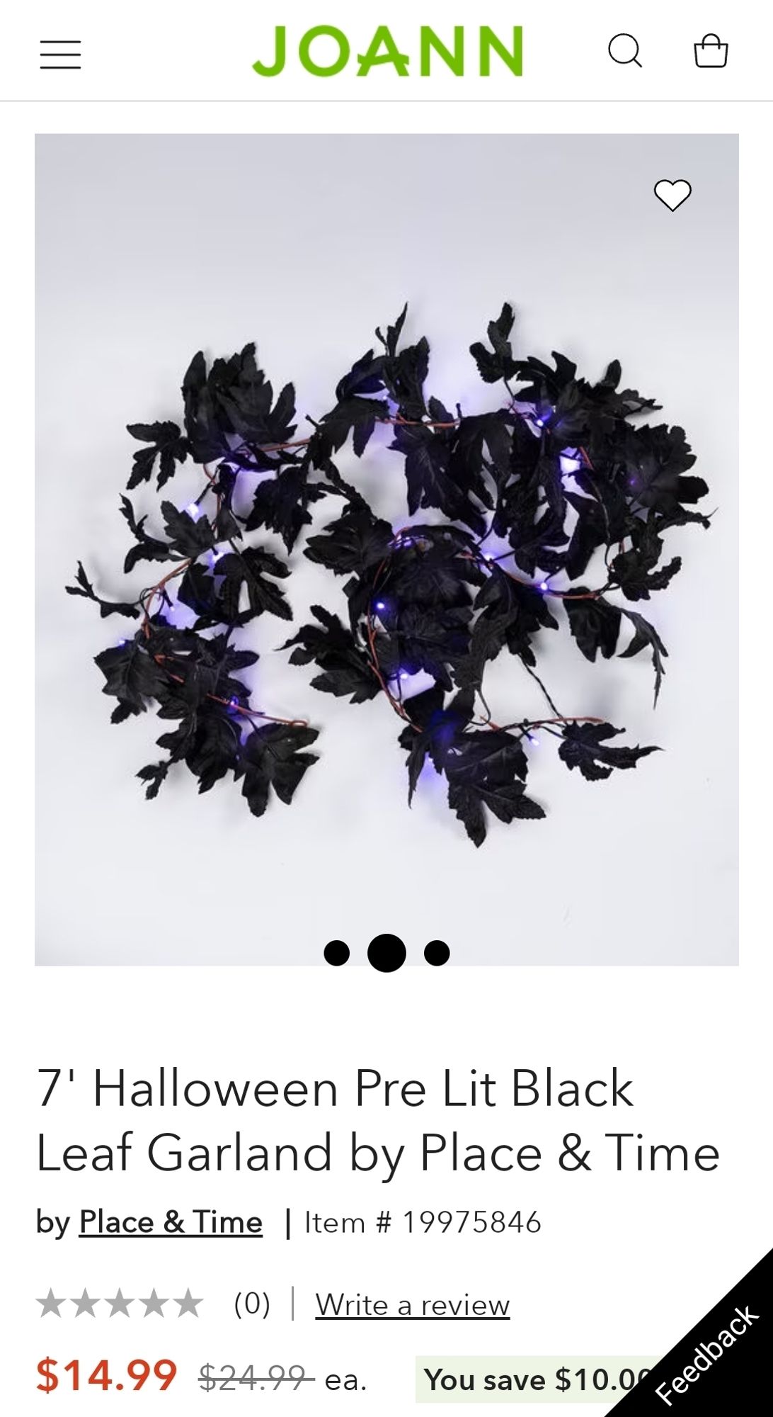 A screenshot of JoAnn's online listing for their Halloween garland. It has black leaves with light purple lights through out the length of the garland